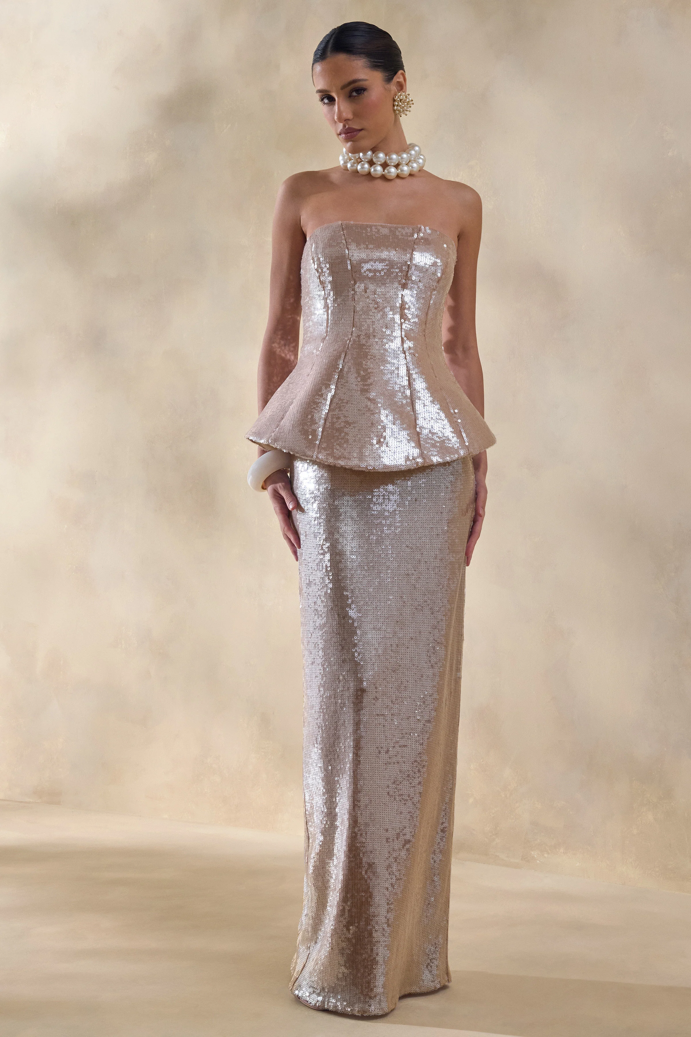 Dalisse | Robe longue nude bandeau à corsage corseté en sequins