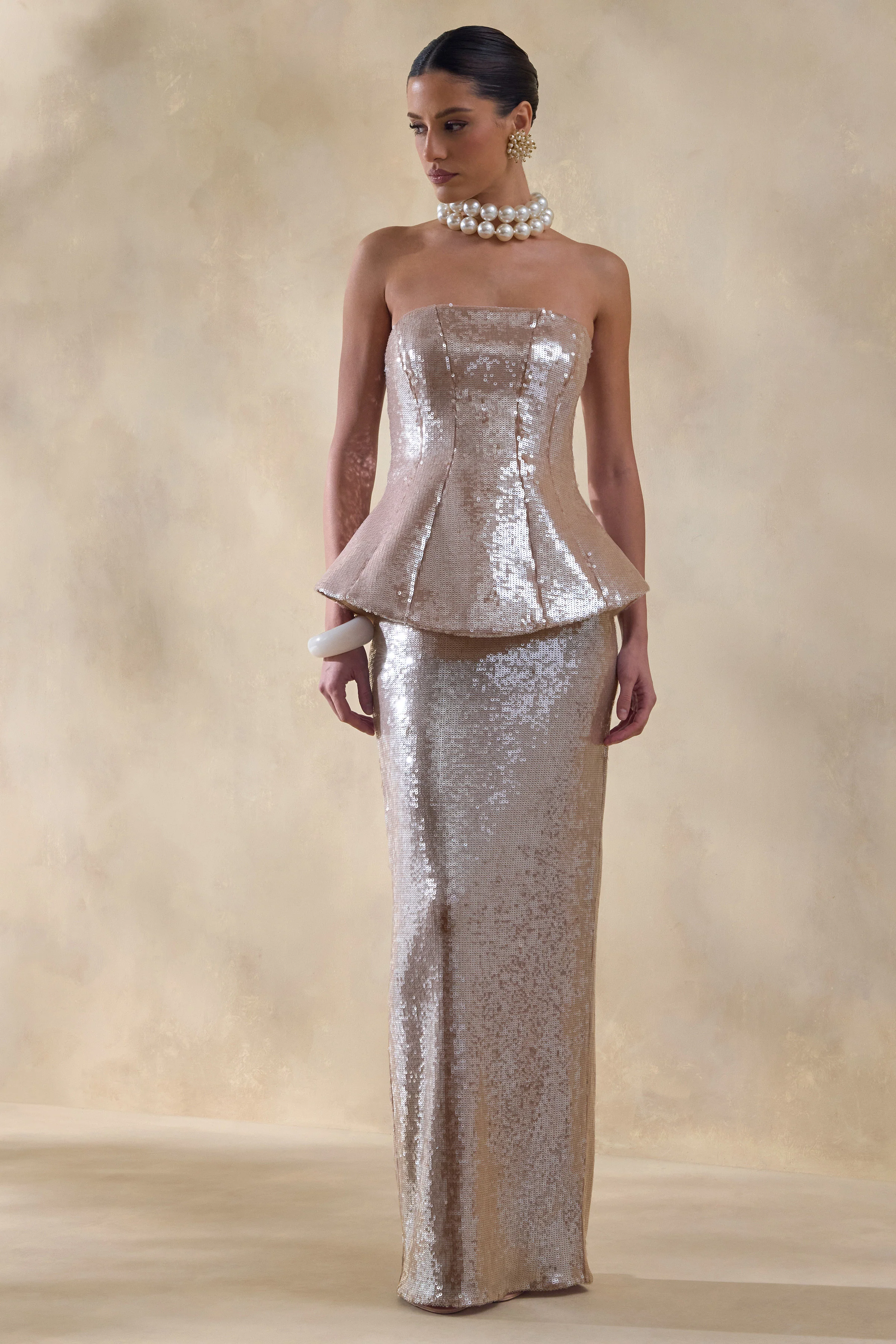 Dalisse | Robe longue nude bandeau à corsage corseté en sequins - Image 5