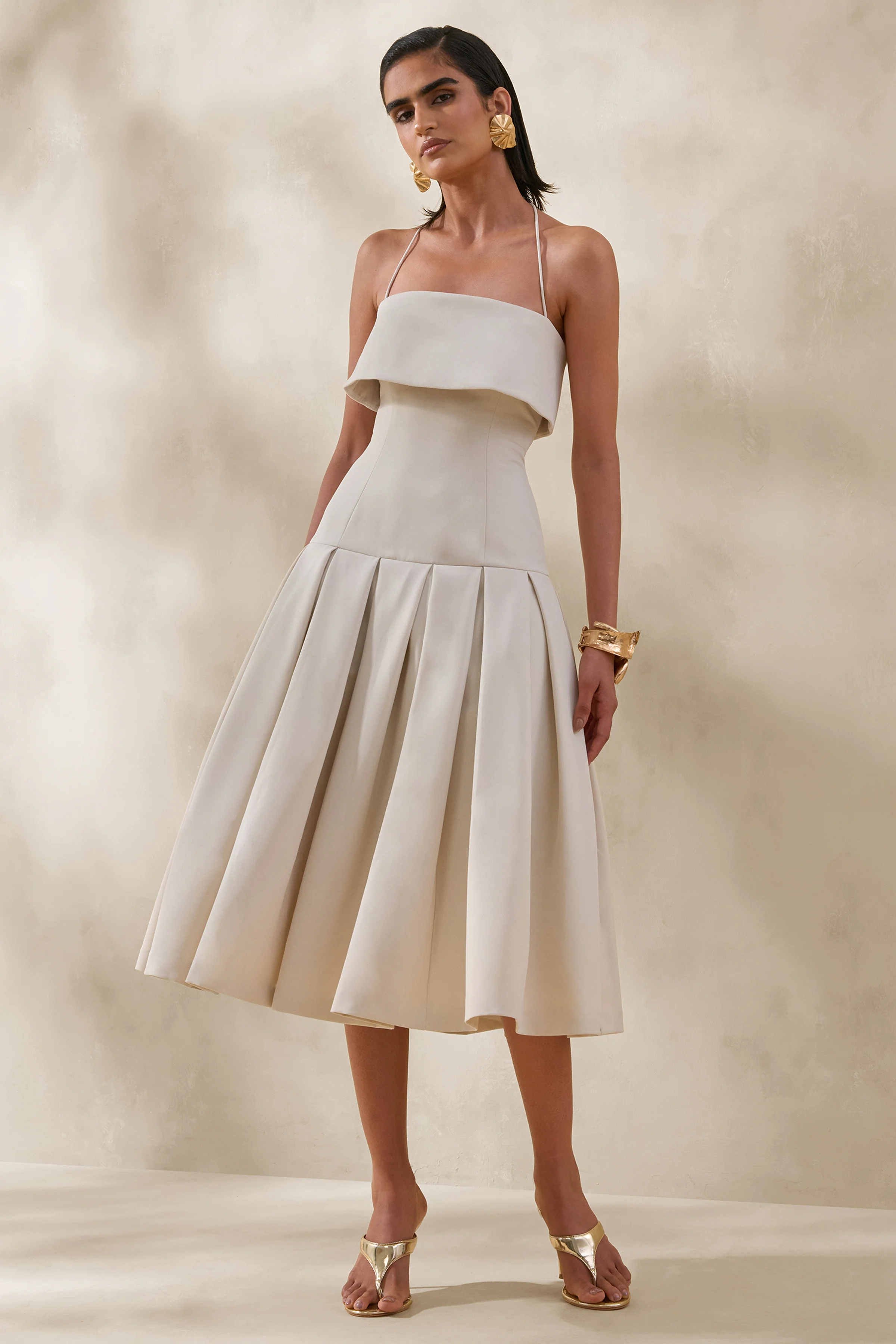 Dazira | Robe mi-longue crème à encolure carrée avec taille basse - Image 4
