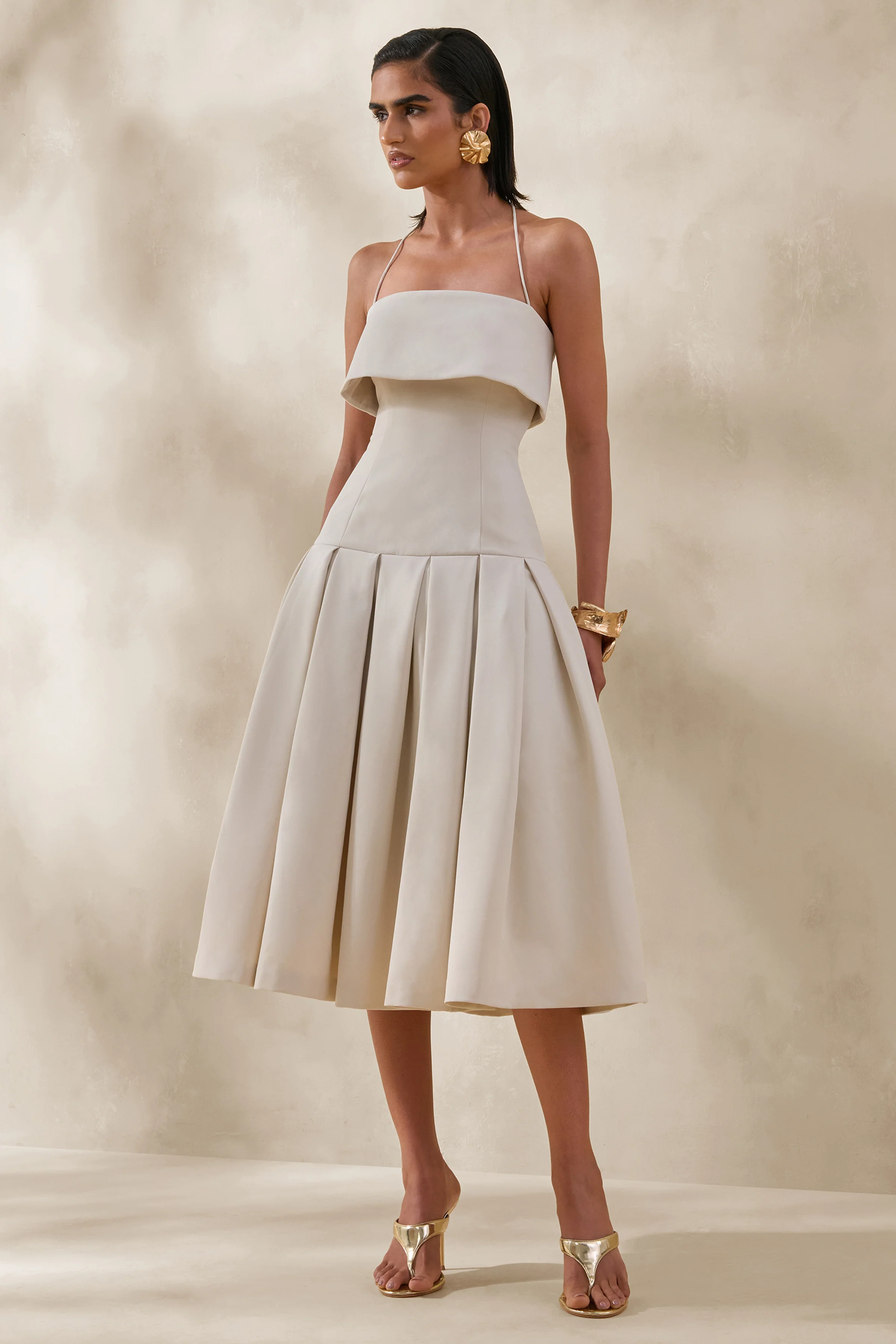 Dazira | Robe mi-longue crème à encolure carrée avec taille basse - Image 5