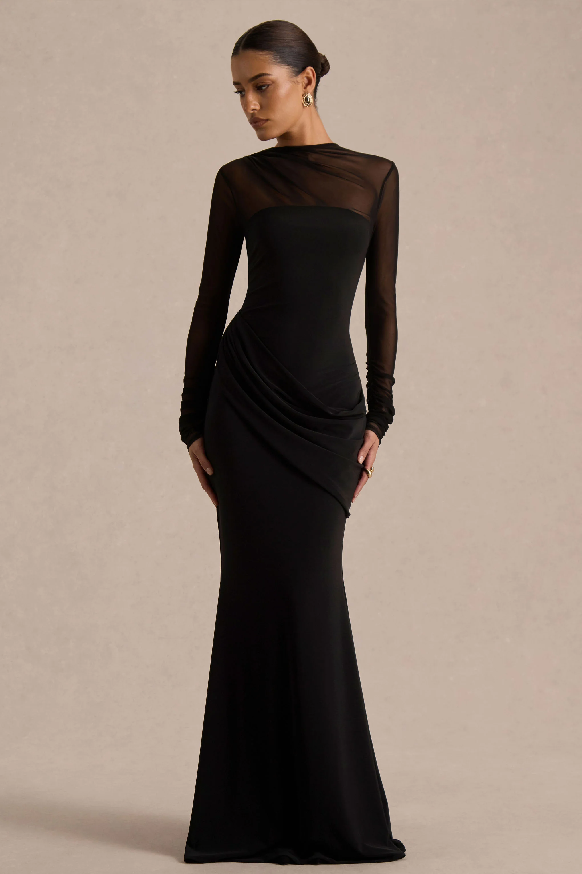 Deema | Robe longue noire en jersey et tulle à col montant - Image 4