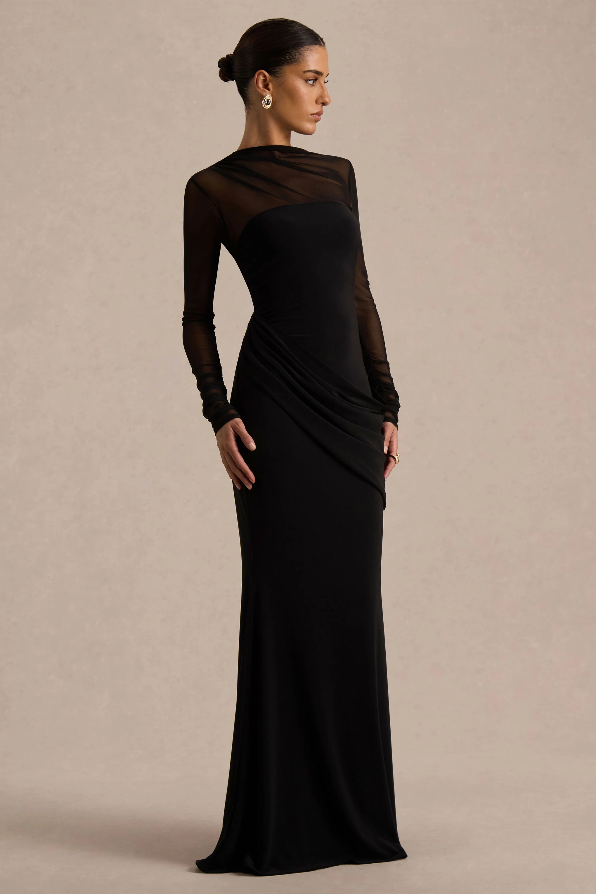 Deema | Robe longue noire en jersey et tulle à col montant - Image 5