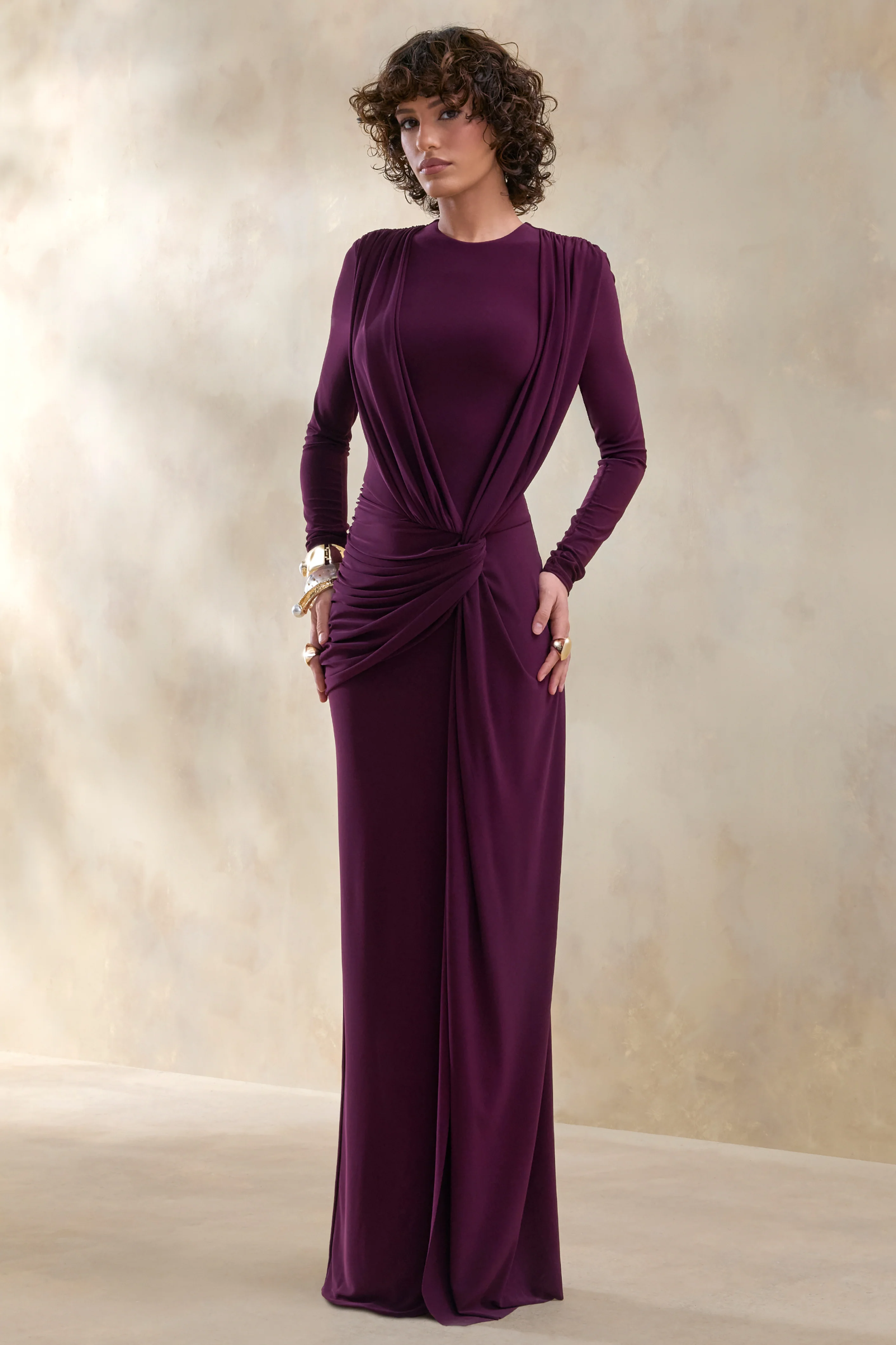 Desirelle | Robe longue prune à encolure ronde avec détails froncés