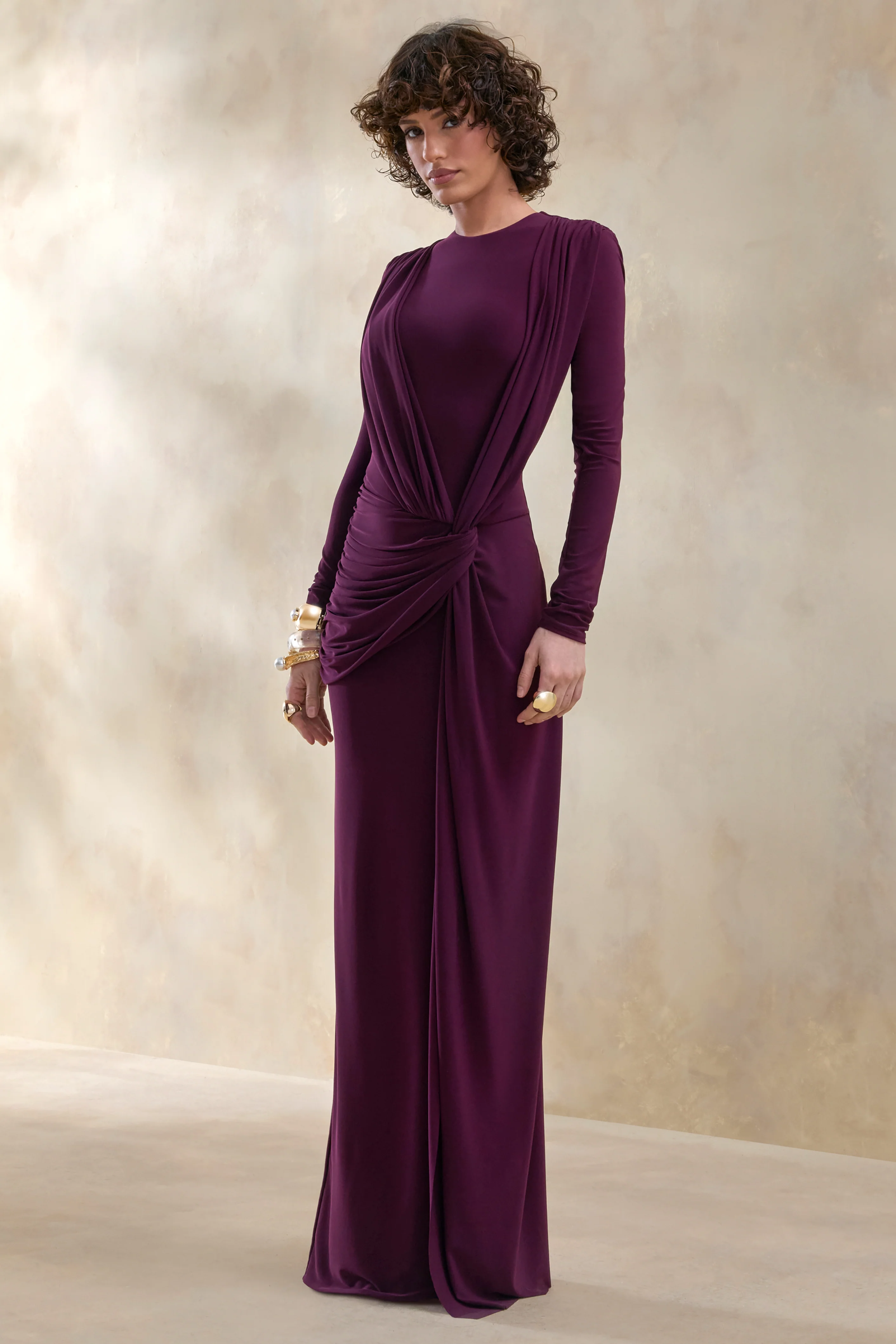 Desirelle | Robe longue prune à encolure ronde avec détails froncés - Image 5