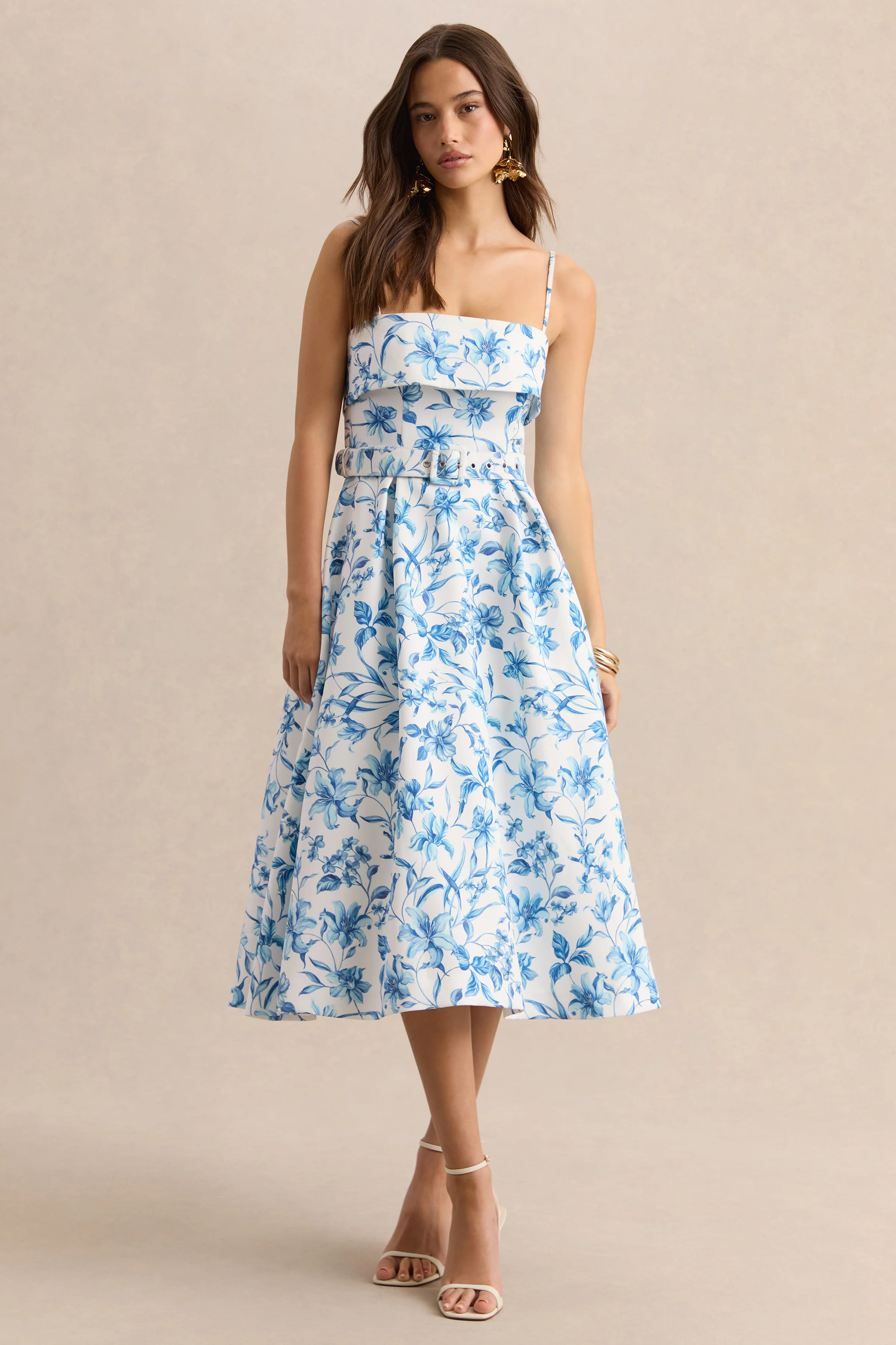 Devina | Robe mi-longue à encolure carrée avec ceinture et imprimé porcelaine bleu