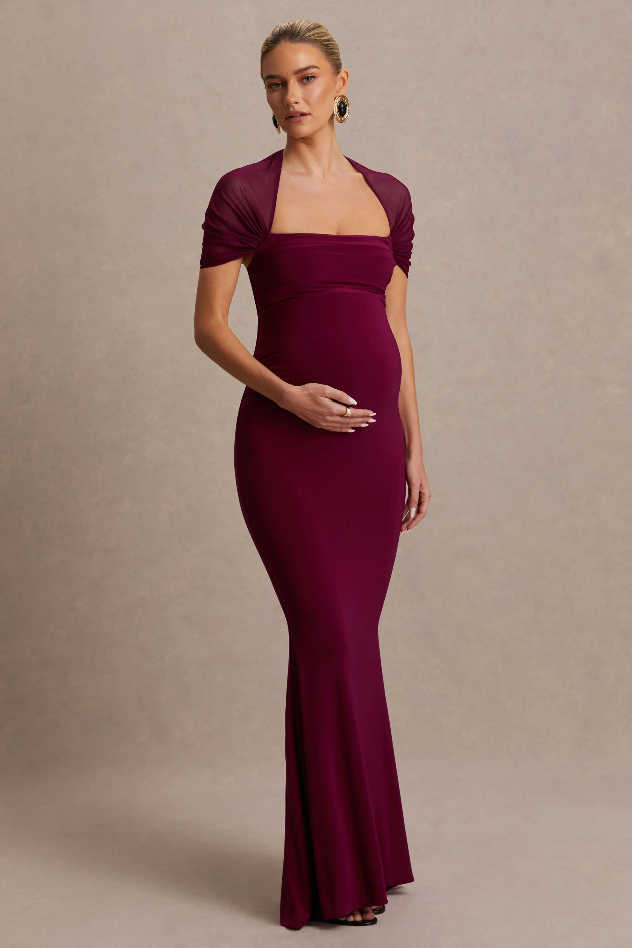 Dome | Robe longue de maternité bordeaux à encolure carrée et manches en tulle