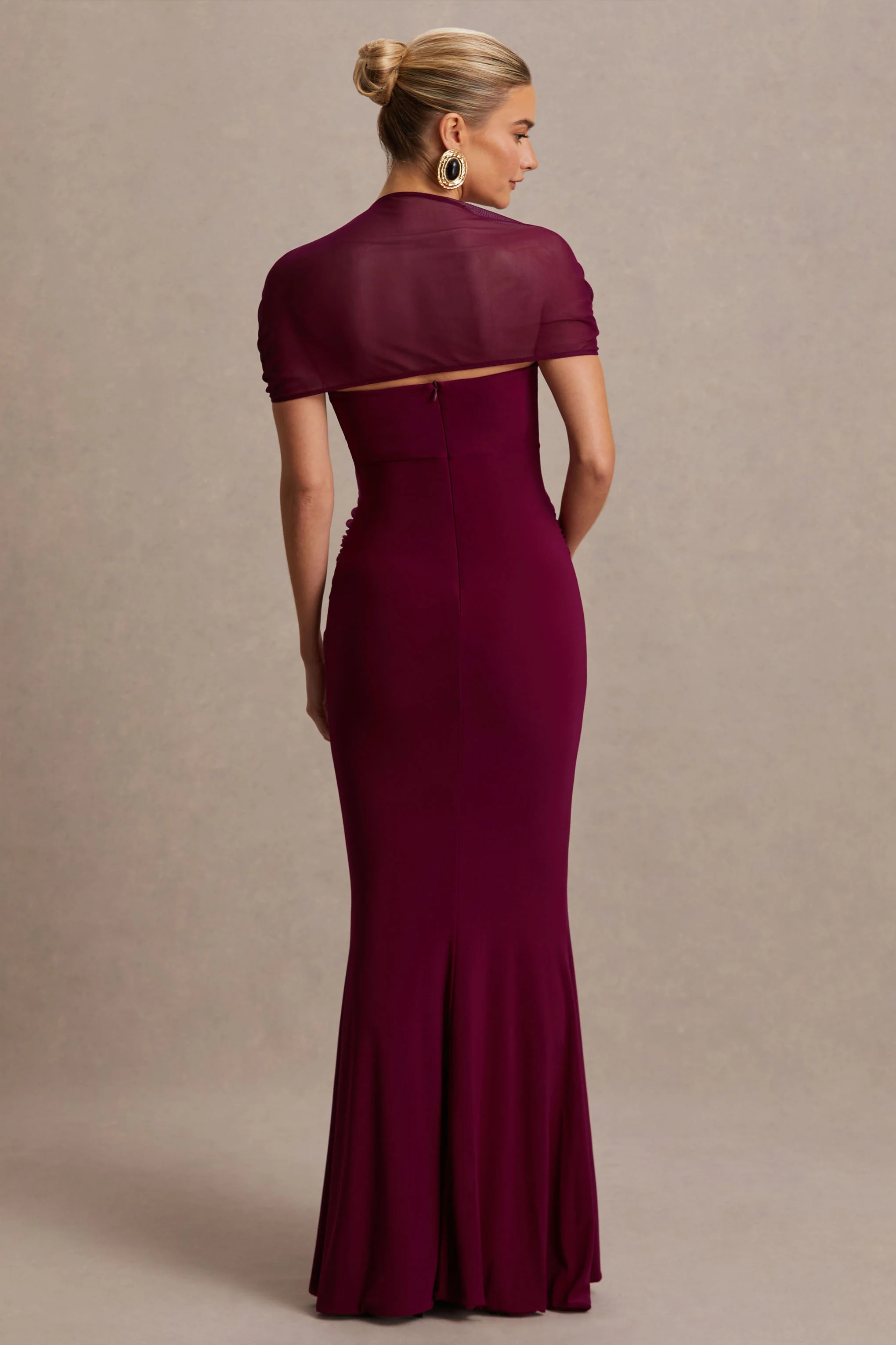 Dome | Robe longue de maternité bordeaux à encolure carrée et manches en tulle - Image 2