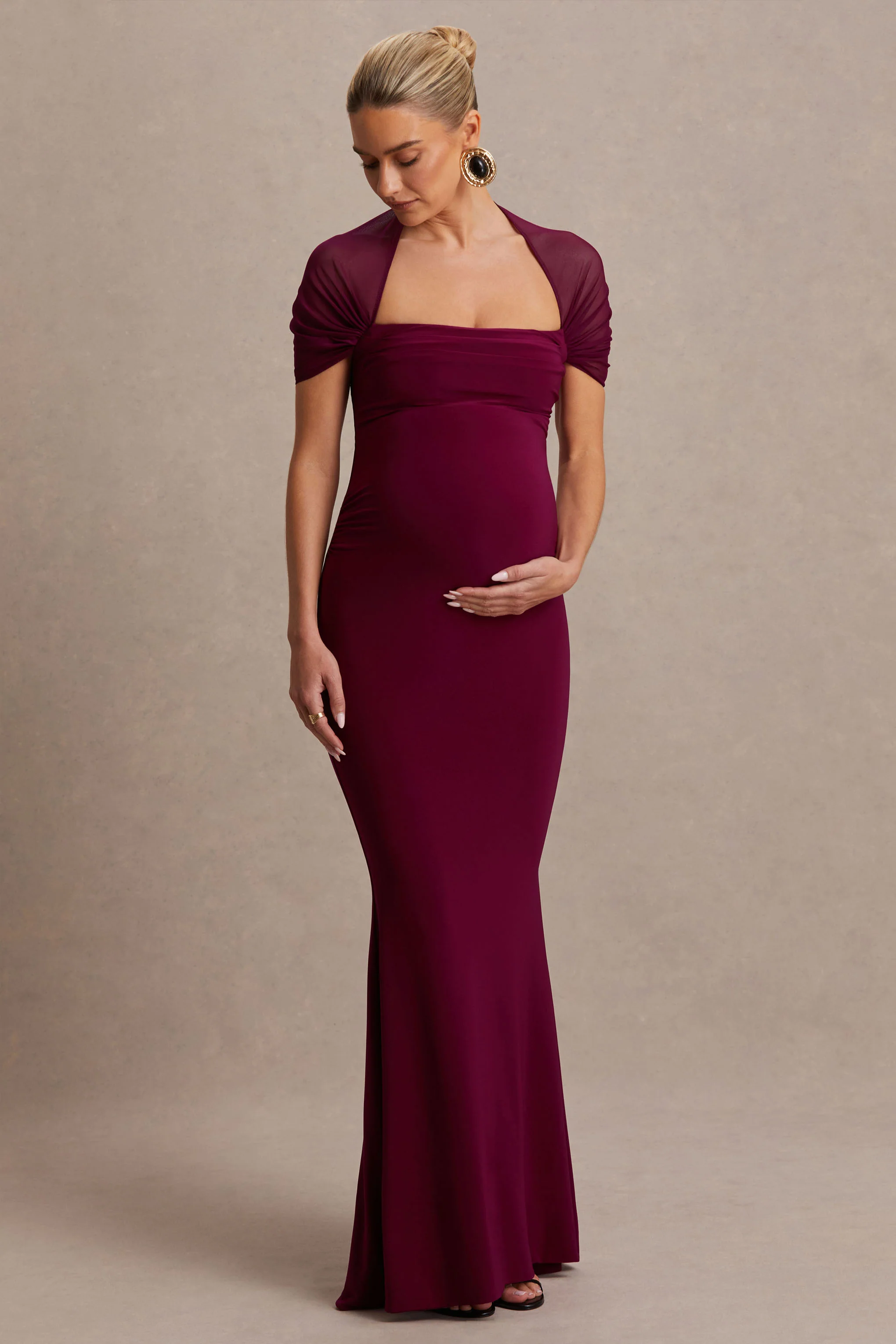 Dome | Robe longue de maternité bordeaux à encolure carrée et manches en tulle - Image 4