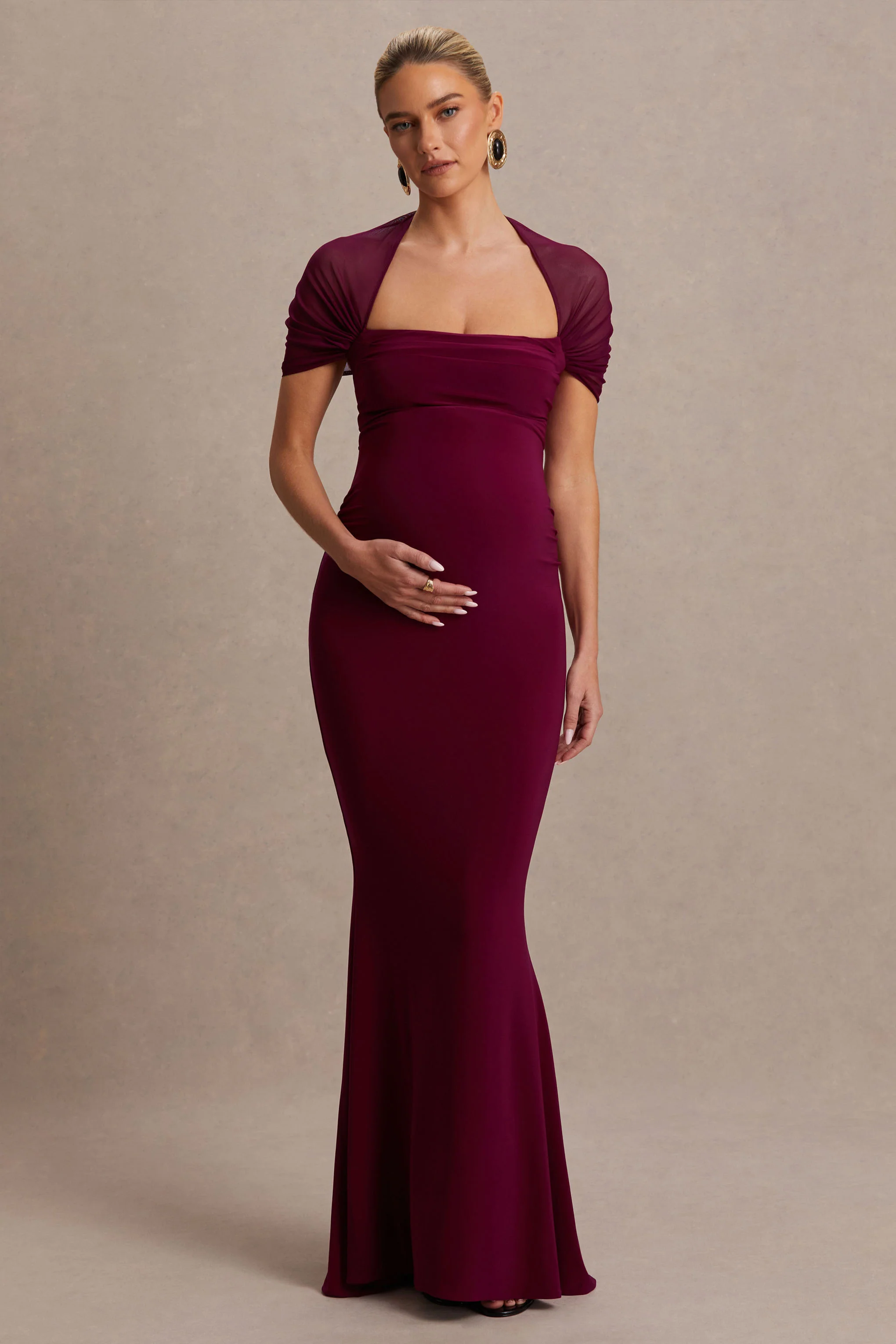 Dome | Robe longue de maternité bordeaux à encolure carrée et manches en tulle - Image 5