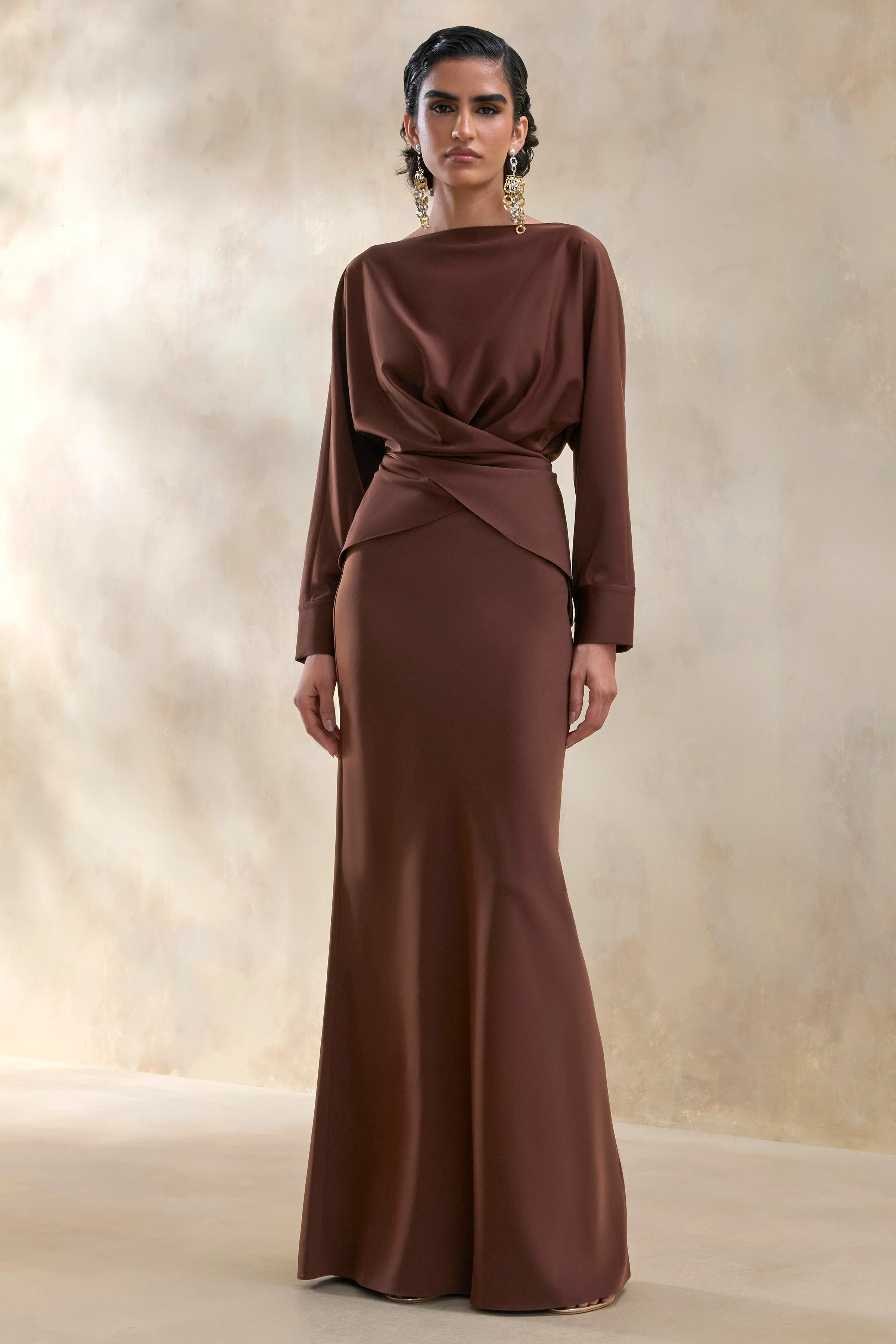 Elaria | Jupe longue marron en satin - Image 3