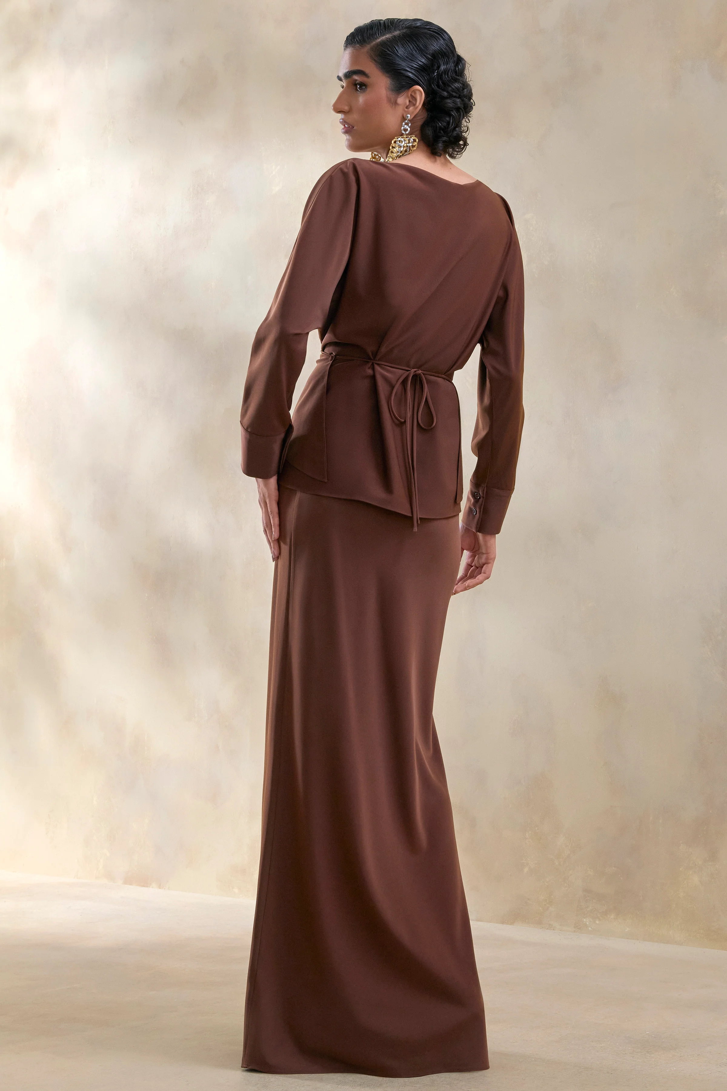 Elaria | Jupe longue marron en satin - Image 4