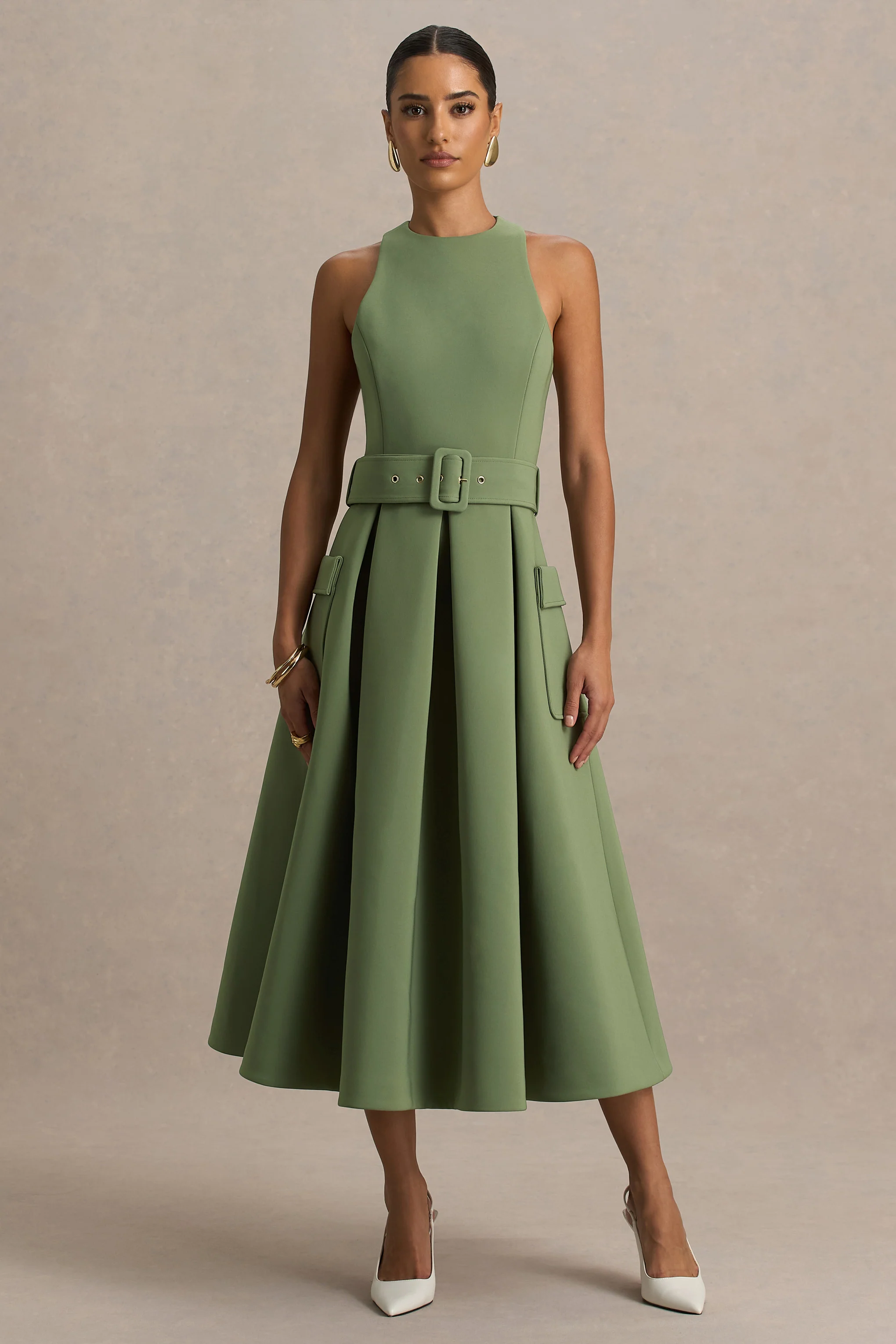 Elisia | Robe mi-longue olive à encolure ronde avec ceinture