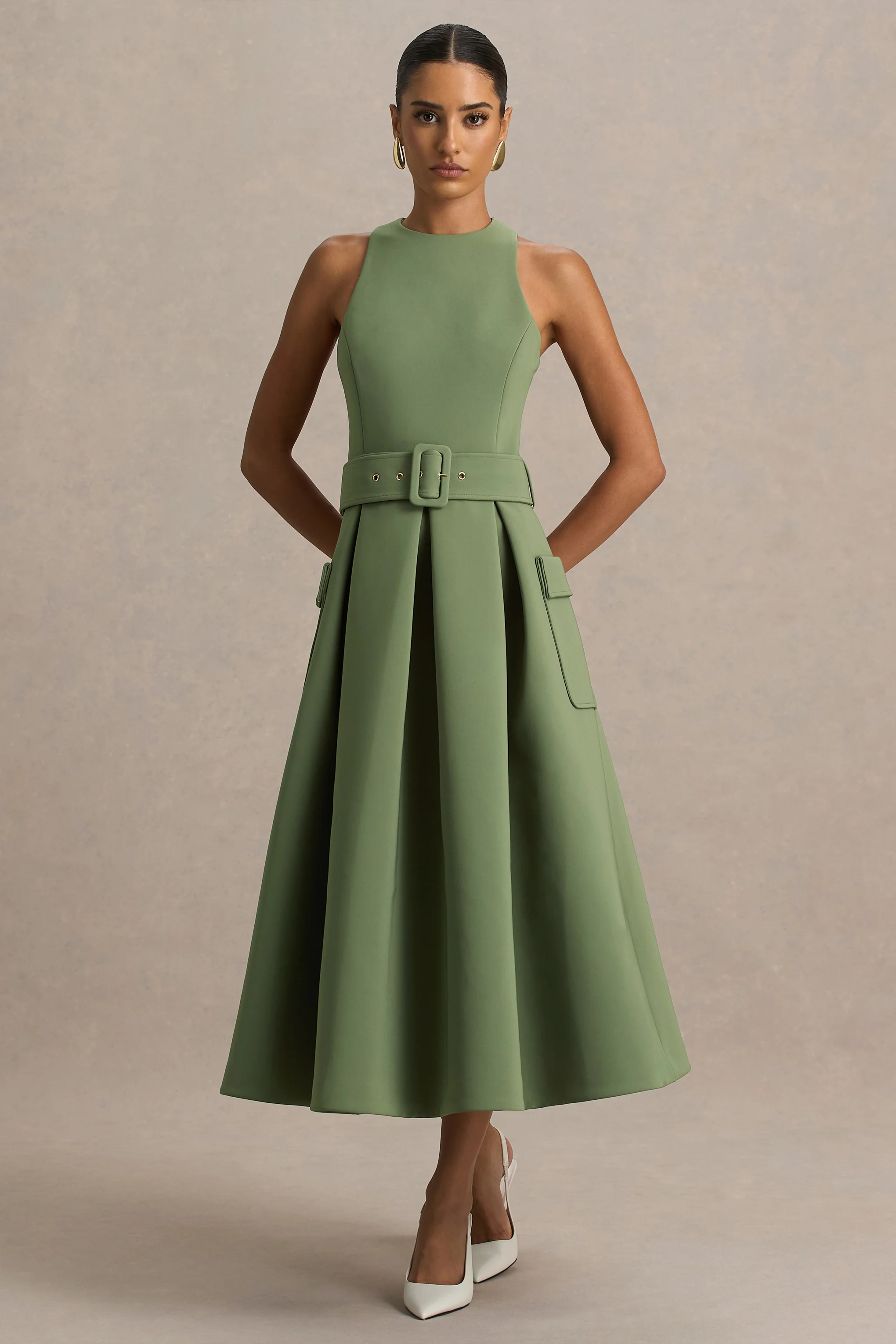 Elisia | Robe mi-longue olive à encolure ronde avec ceinture - Image 3