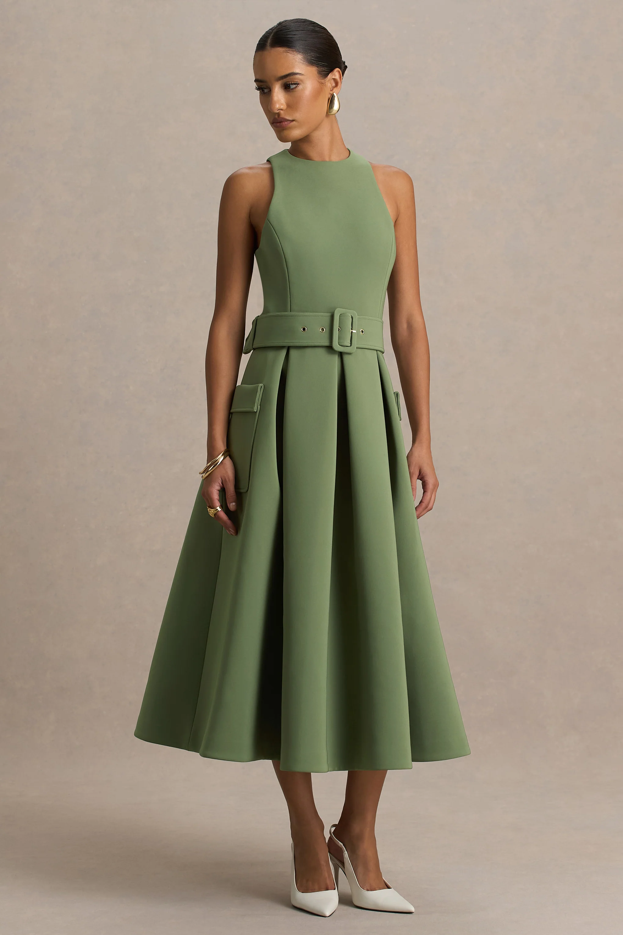 Elisia | Robe mi-longue olive à encolure ronde avec ceinture - Image 5