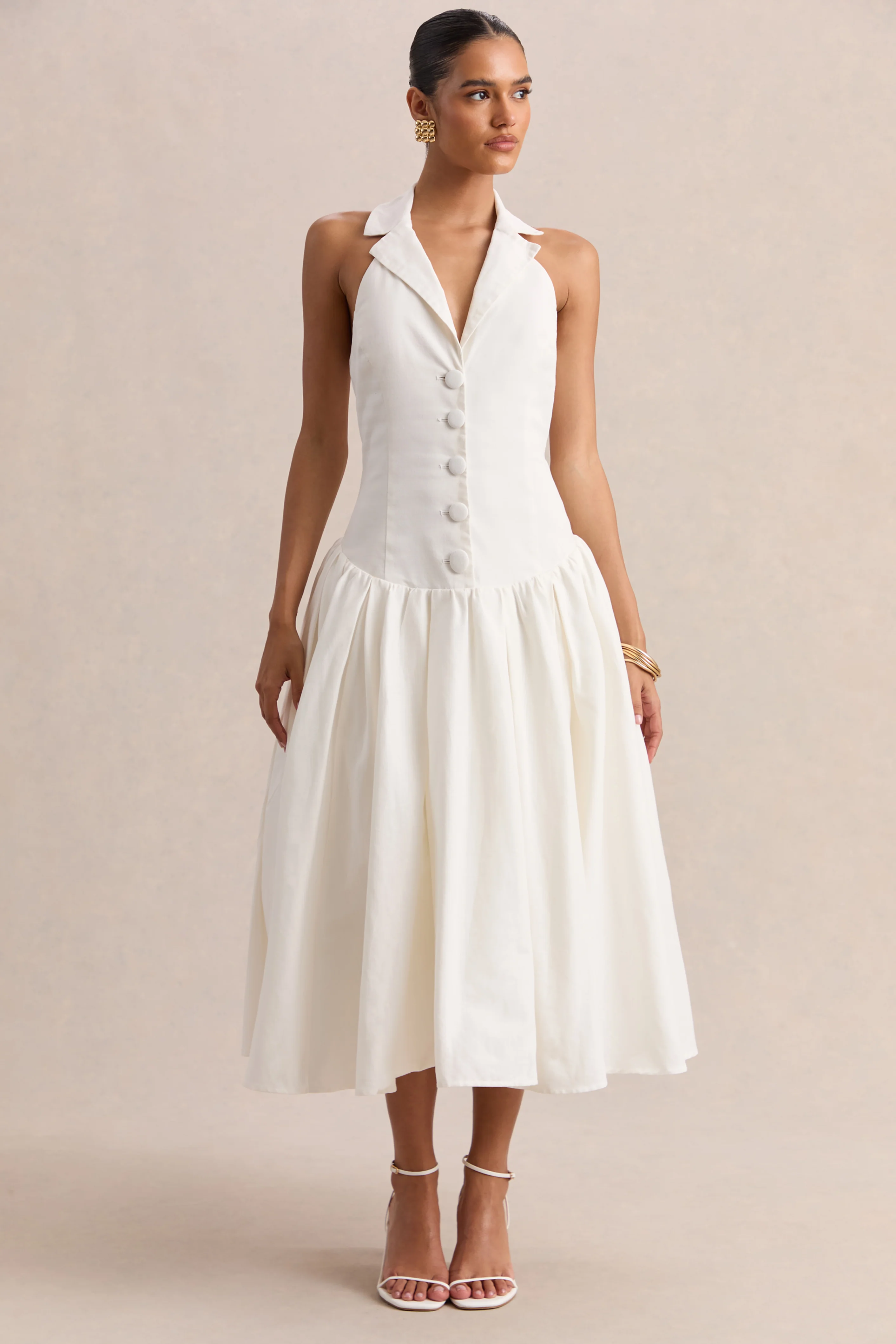 Ella | Robe mi-longue blanche à décolleté plongeant et taille basse
