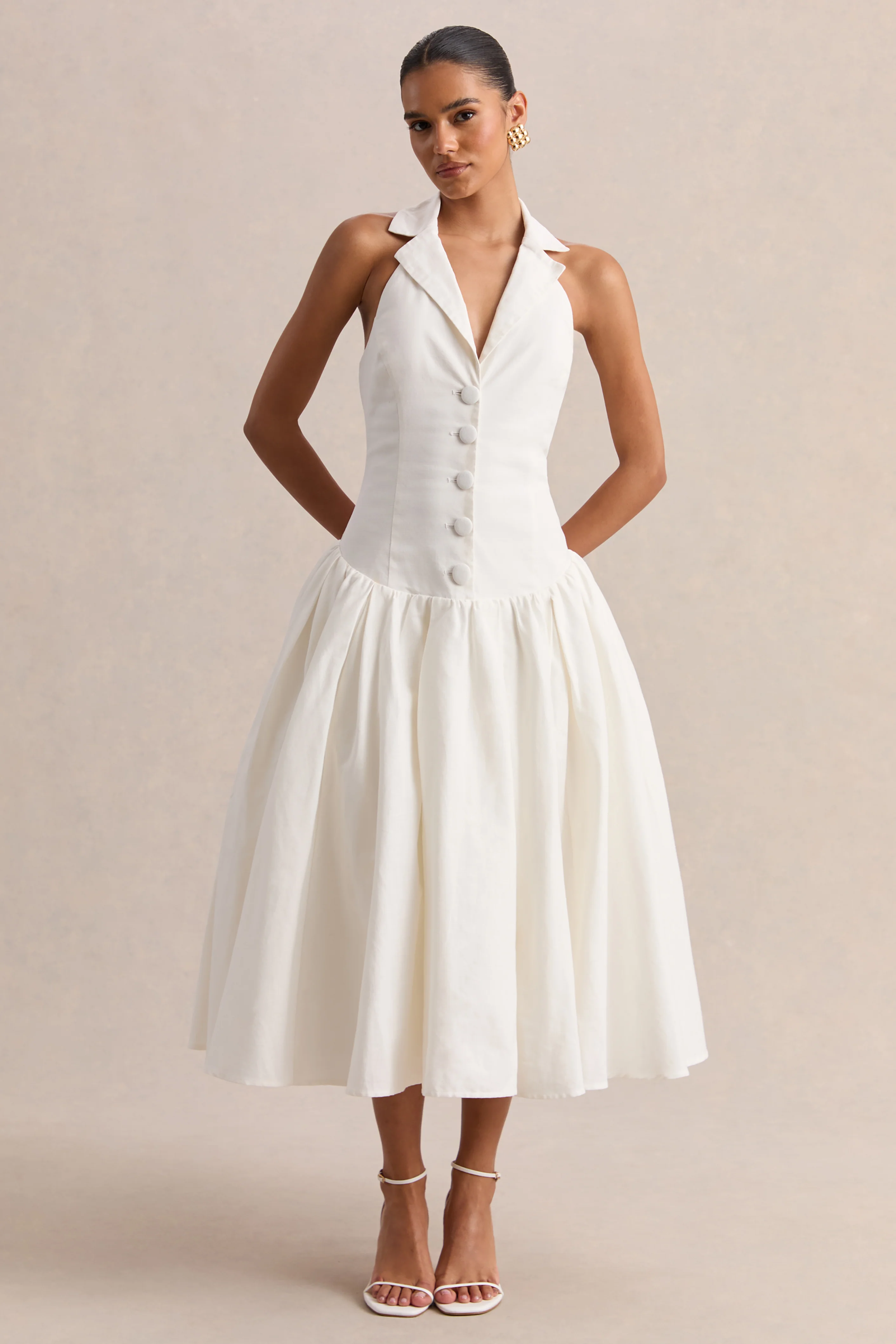 Ella | Robe mi-longue blanche à décolleté plongeant et taille basse - Image 4