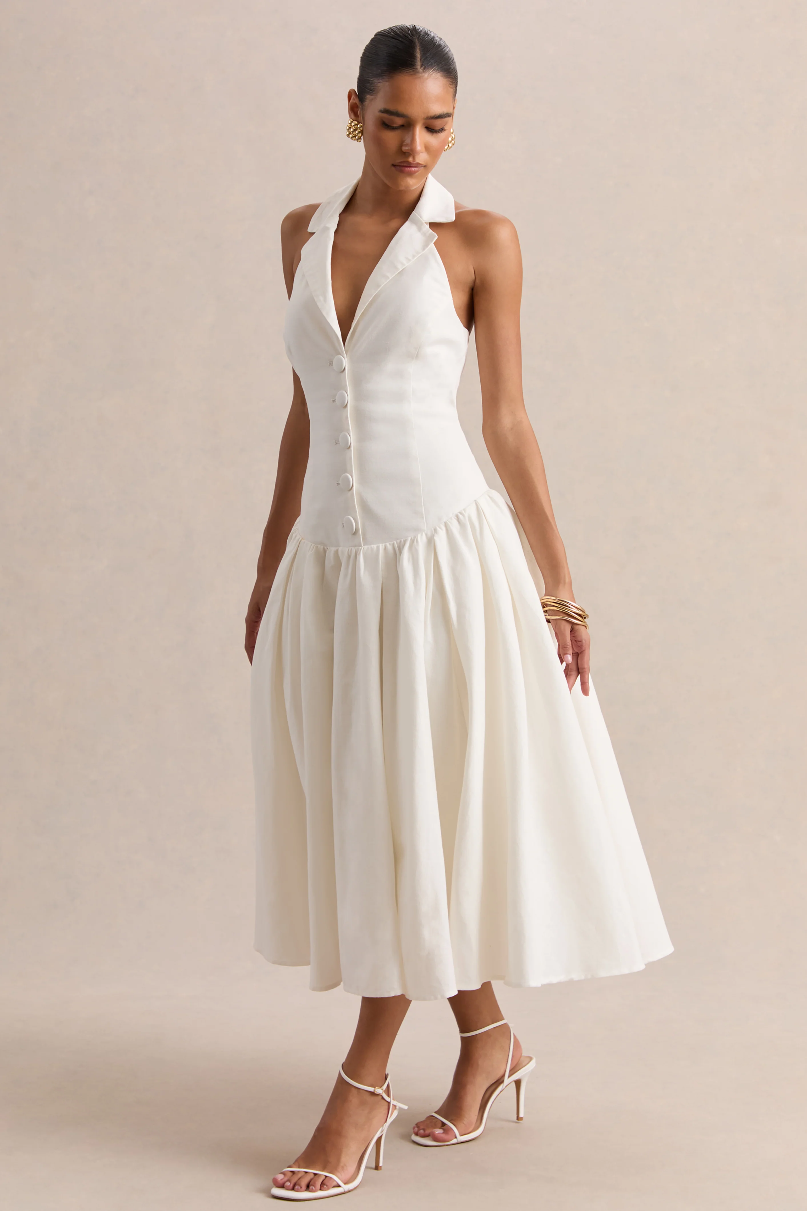 Ella | Robe mi-longue blanche à décolleté plongeant et taille basse - Image 5