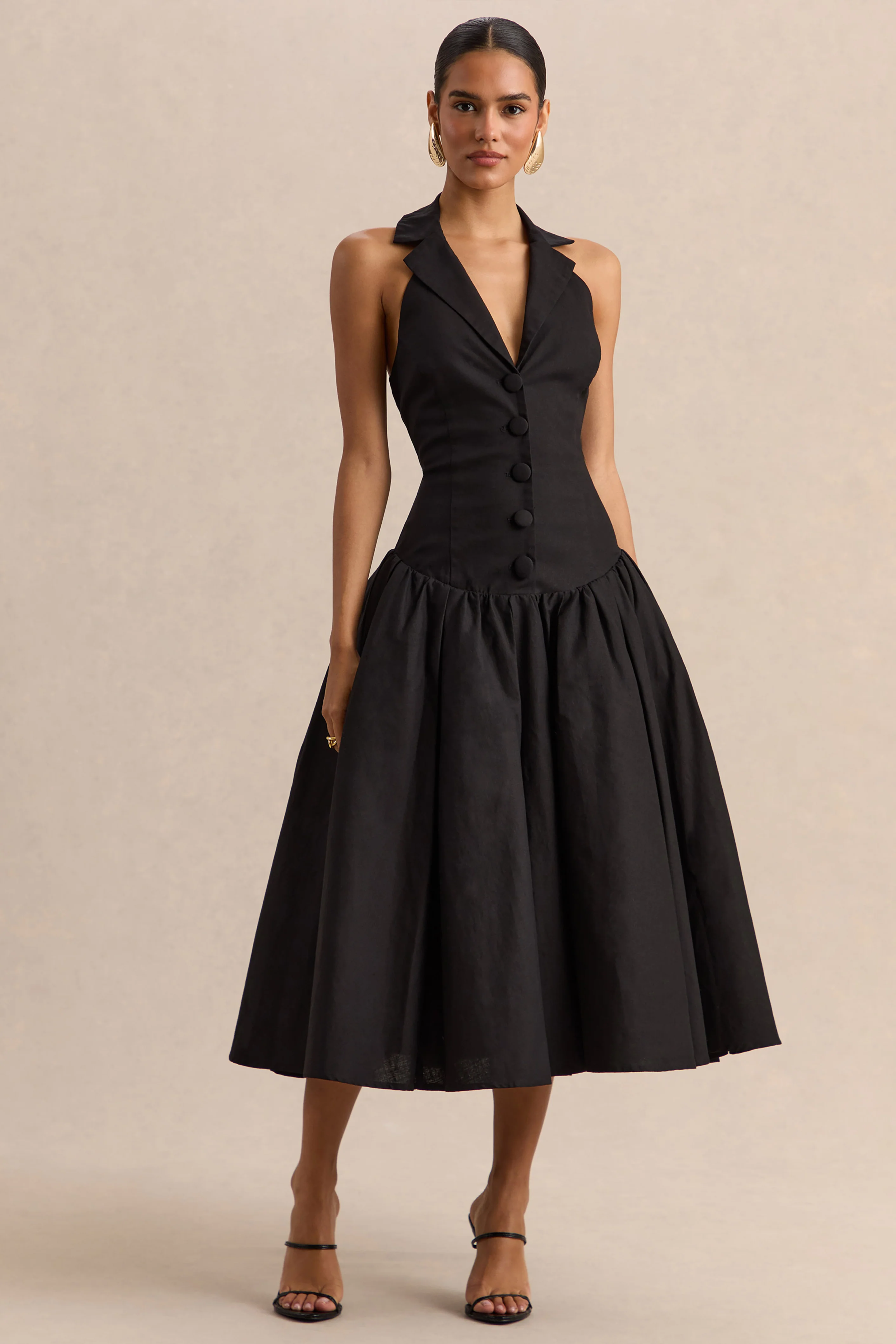 Ella | Robe mi-longue noire à décolleté plongeant et taille basse - Image 4
