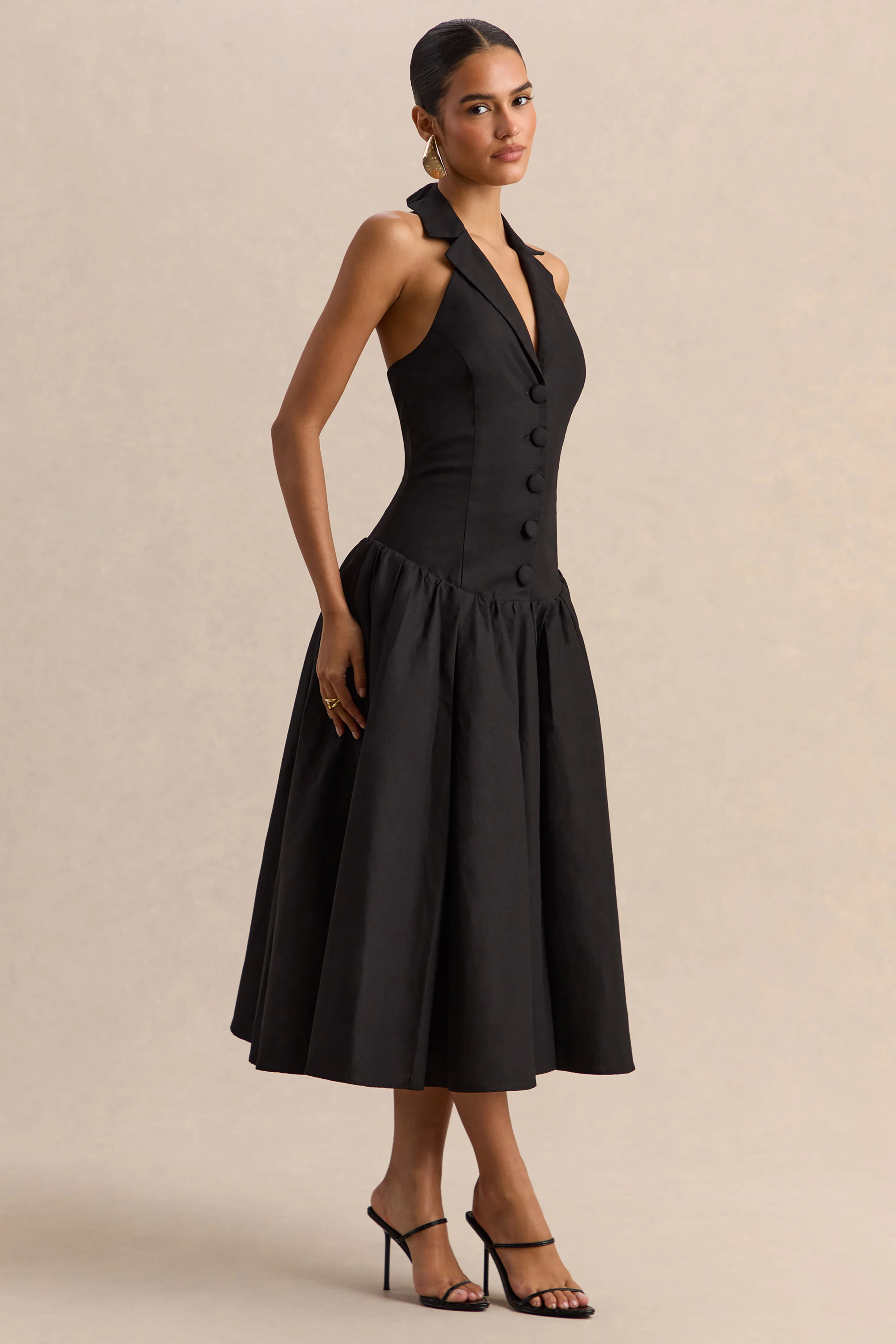 Ella | Robe mi-longue noire à décolleté plongeant et taille basse - Image 5