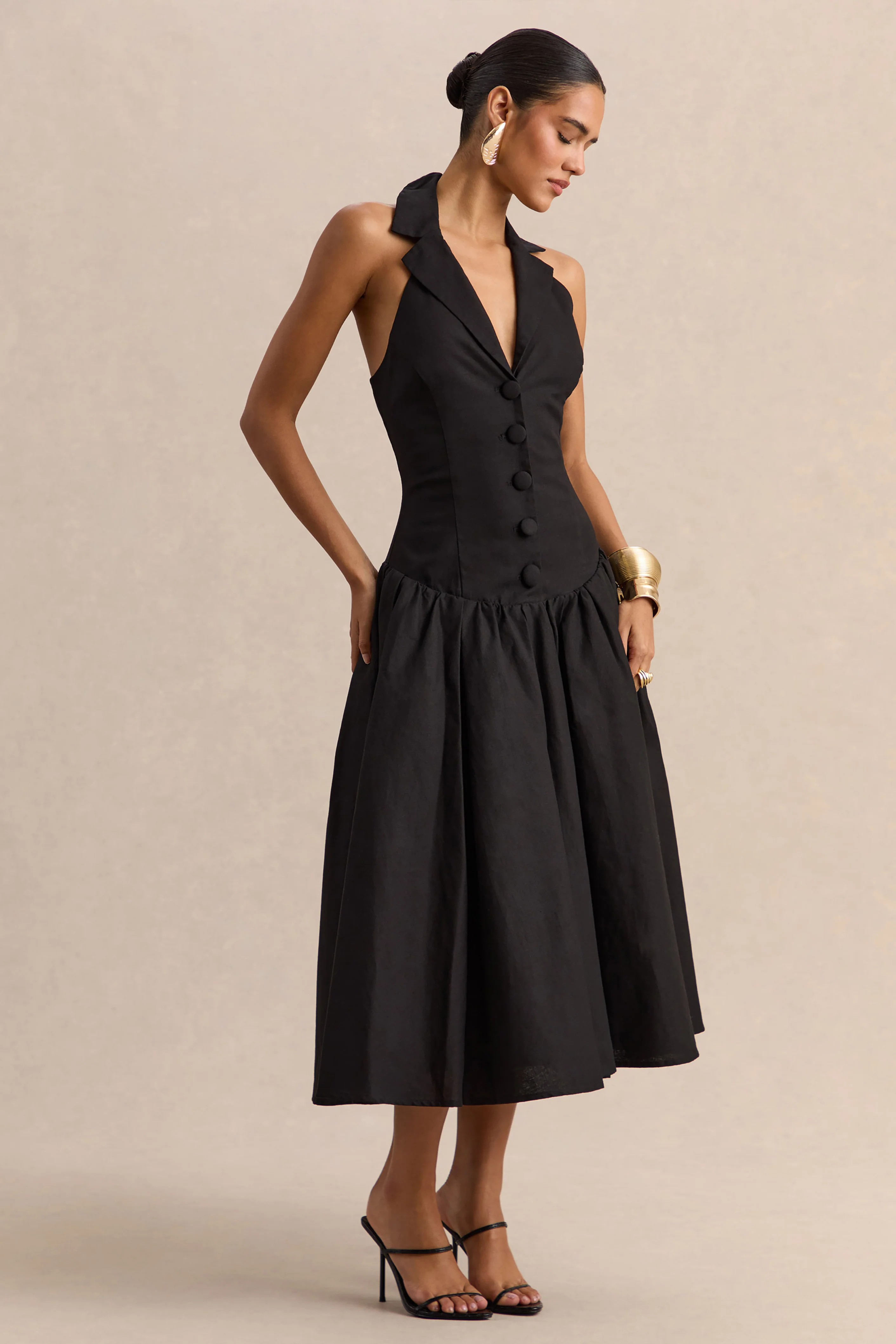 Ella | Robe mi-longue noire à décolleté plongeant et taille basse - Image 6