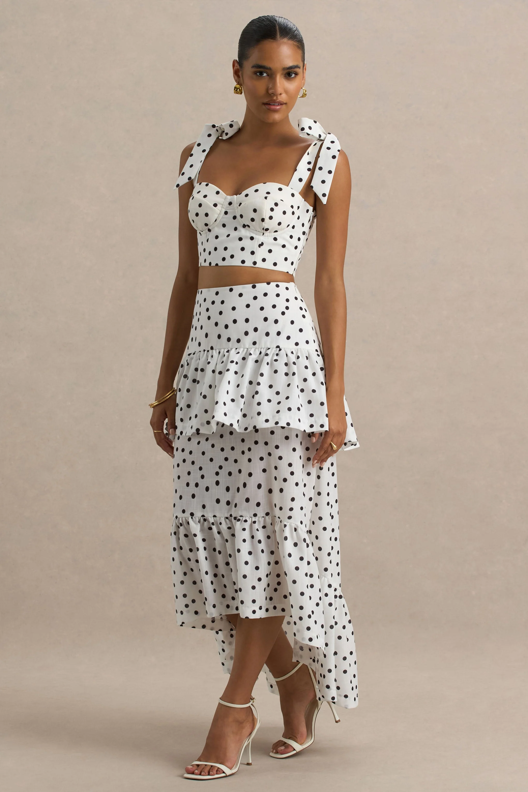 Emry | Jupe longue taille haute à imprimé pois blancs ornée de volants - Image 4