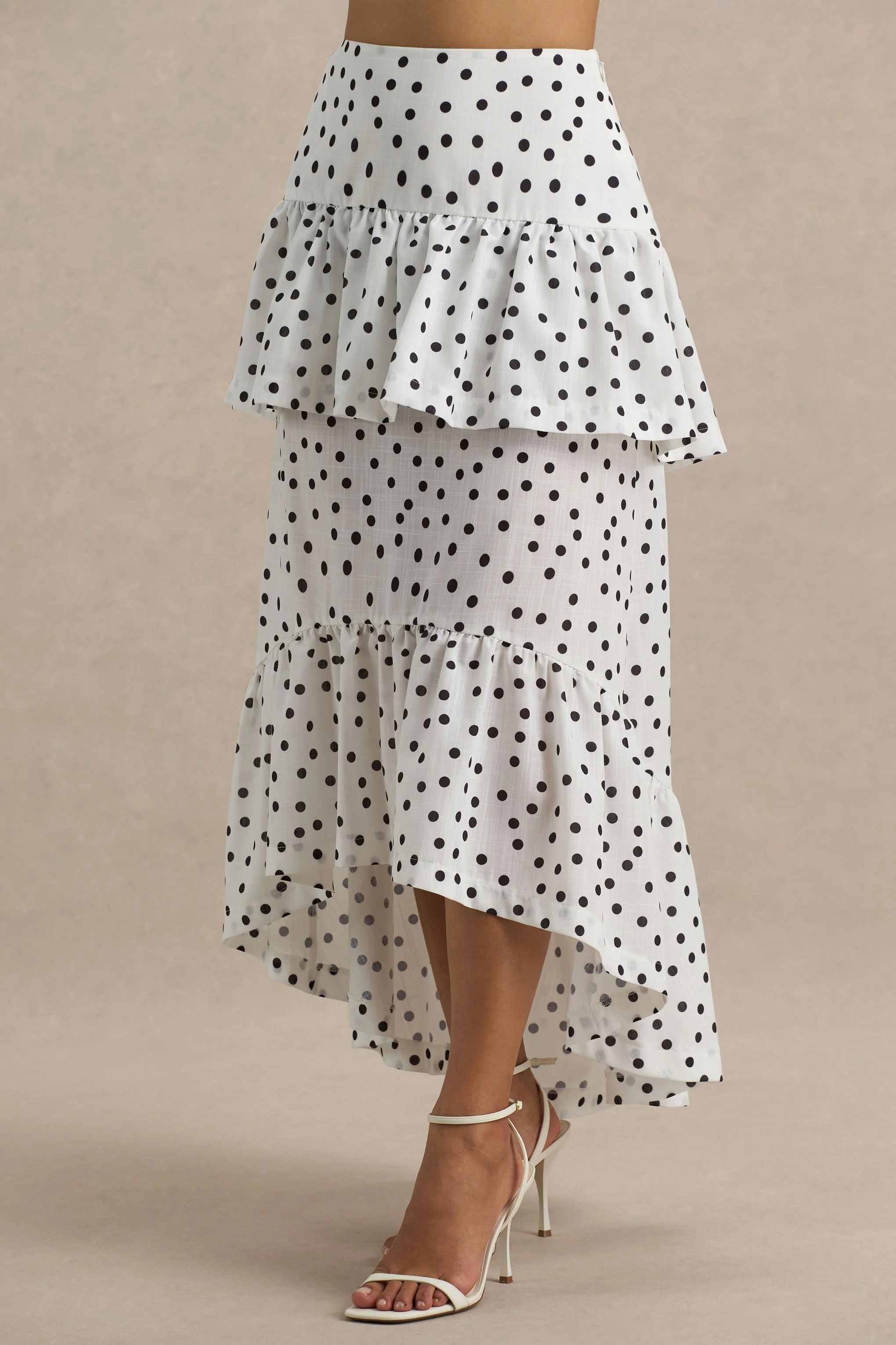 Emry | Jupe longue taille haute à imprimé pois blancs ornée de volants - Image 5