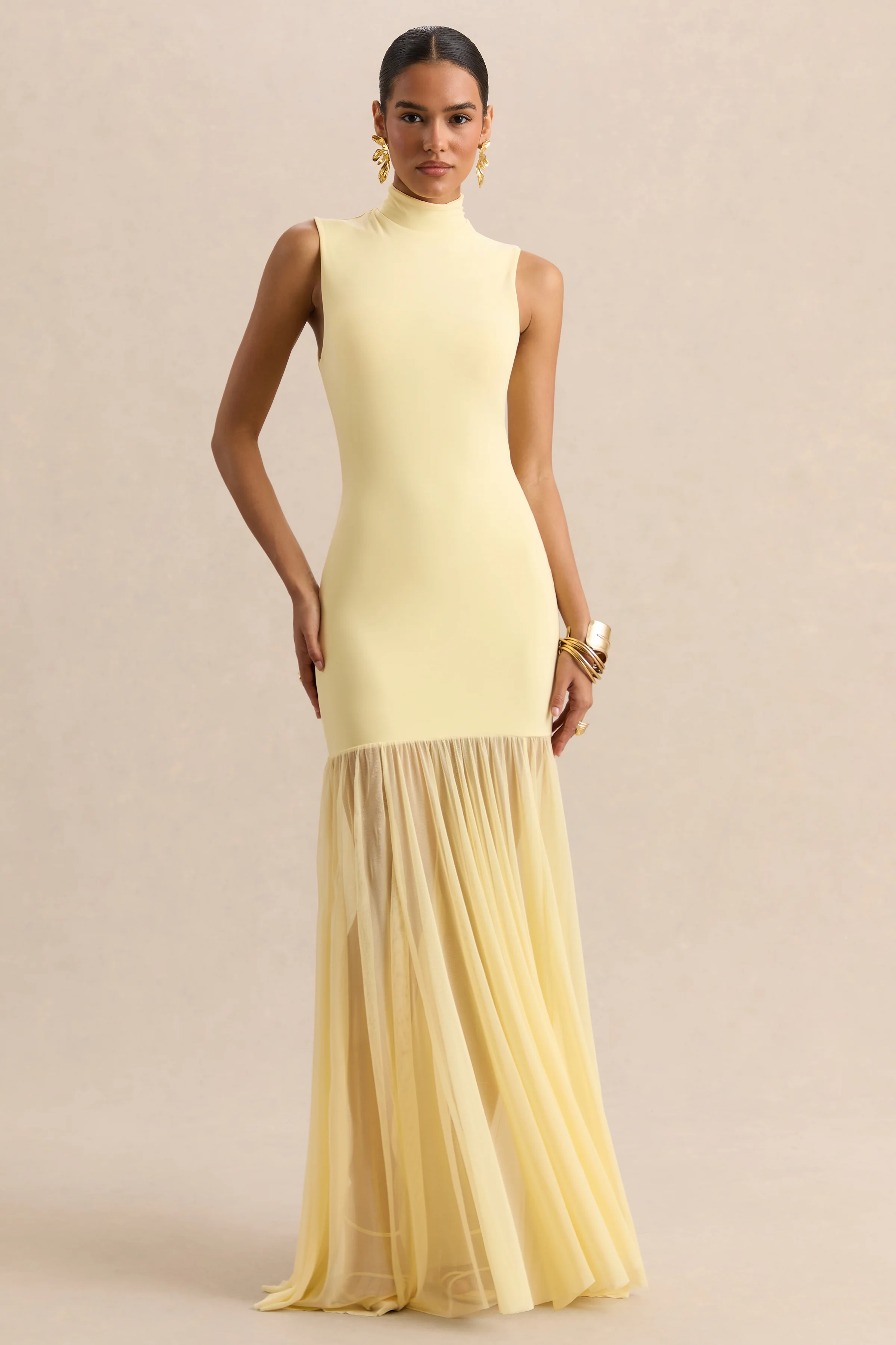 Felina | Robe longue citron à encolure montante avec jupe transparente
