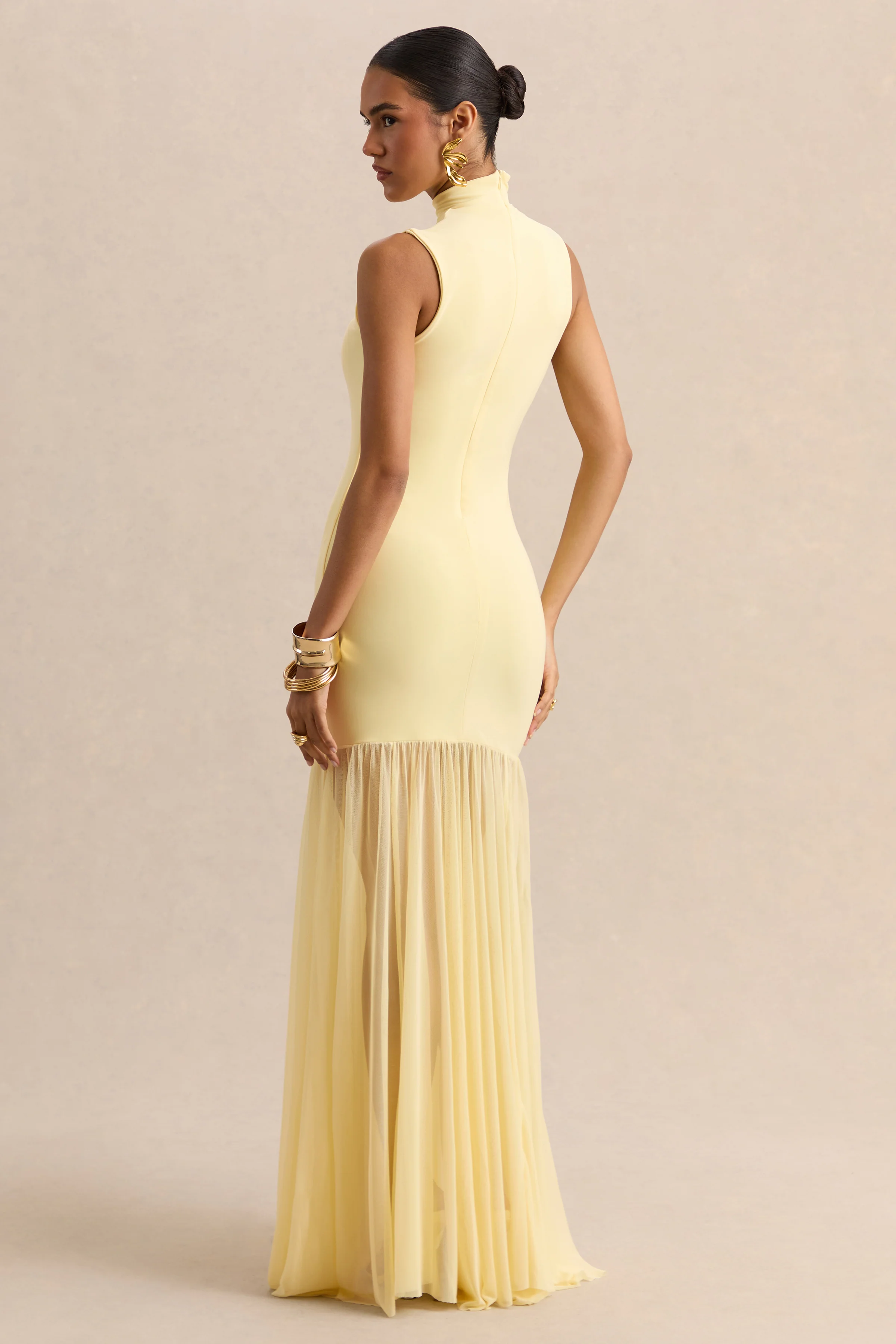 Felina | Robe longue citron à encolure montante avec jupe transparente - Image 2
