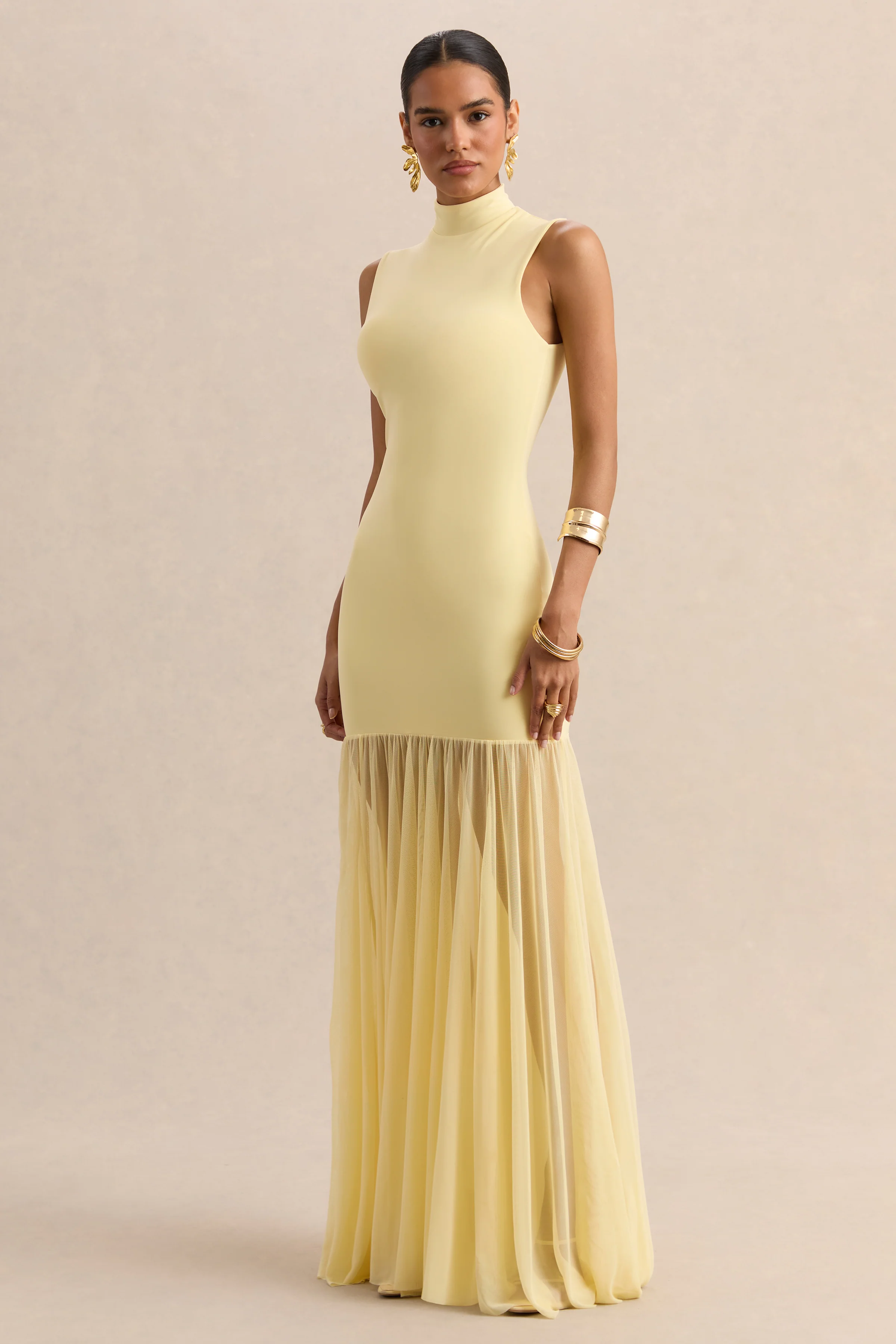 Felina | Robe longue citron à encolure montante avec jupe transparente - Image 4