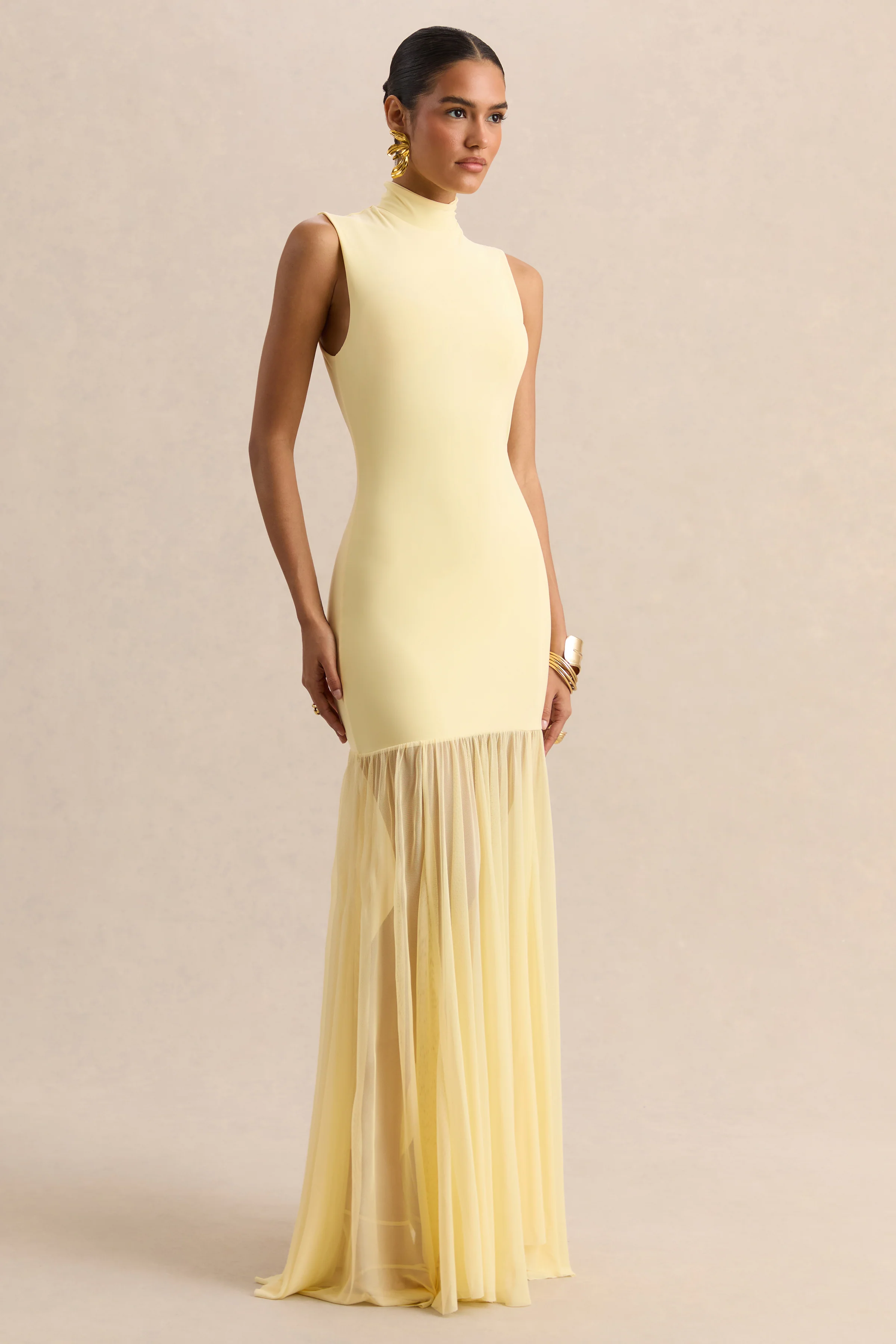 Felina | Robe longue citron à encolure montante avec jupe transparente - Image 5