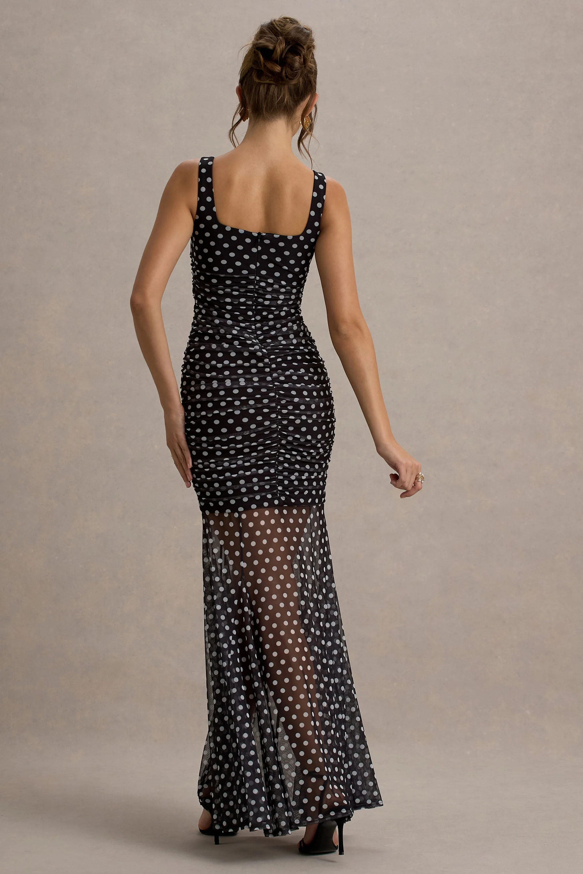 Galaxia | Robe Longue à pois noirs et blancs avec jupe en mesh - Image 2