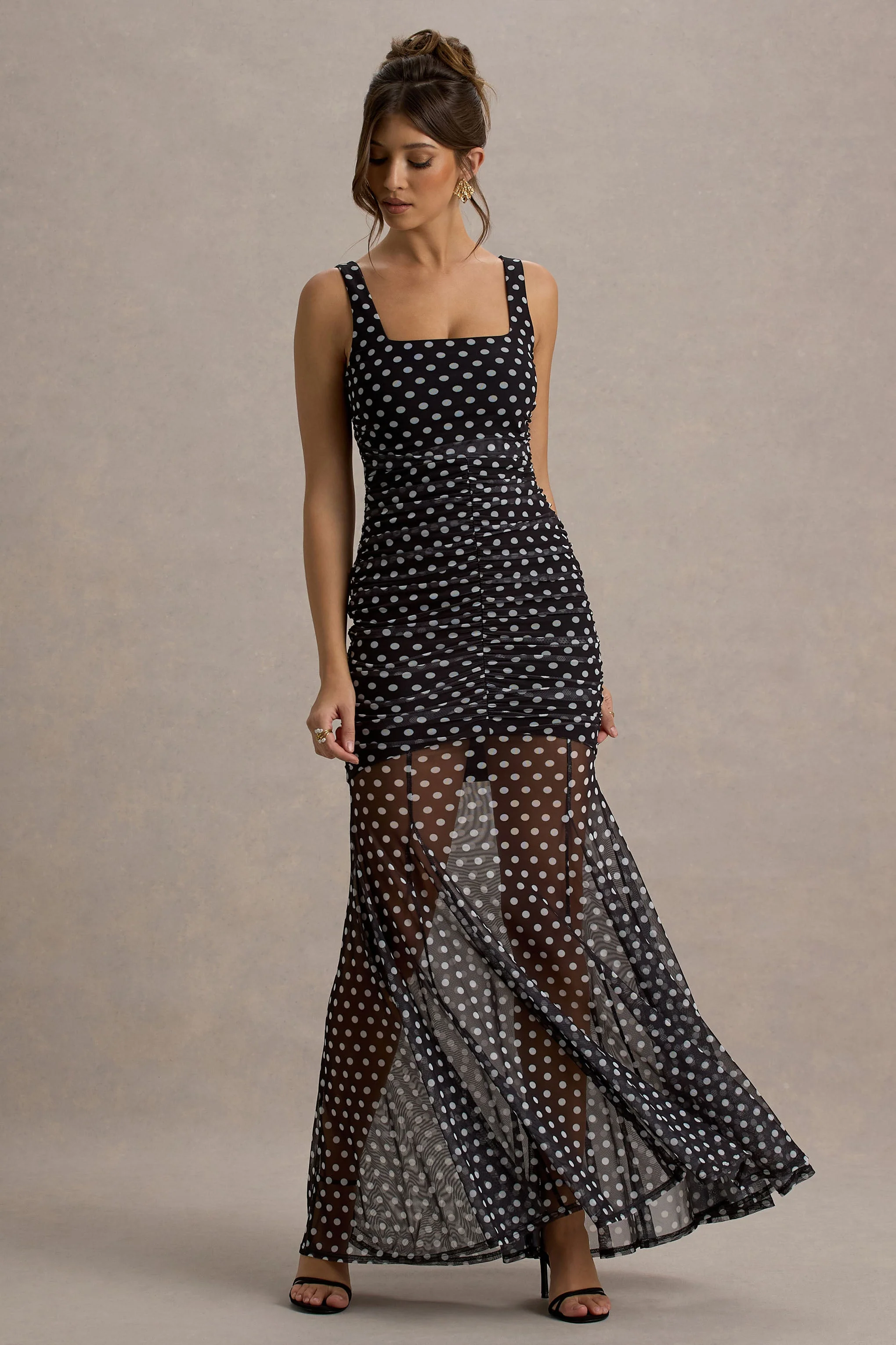 Galaxia | Robe Longue à pois noirs et blancs avec jupe en mesh - Image 4