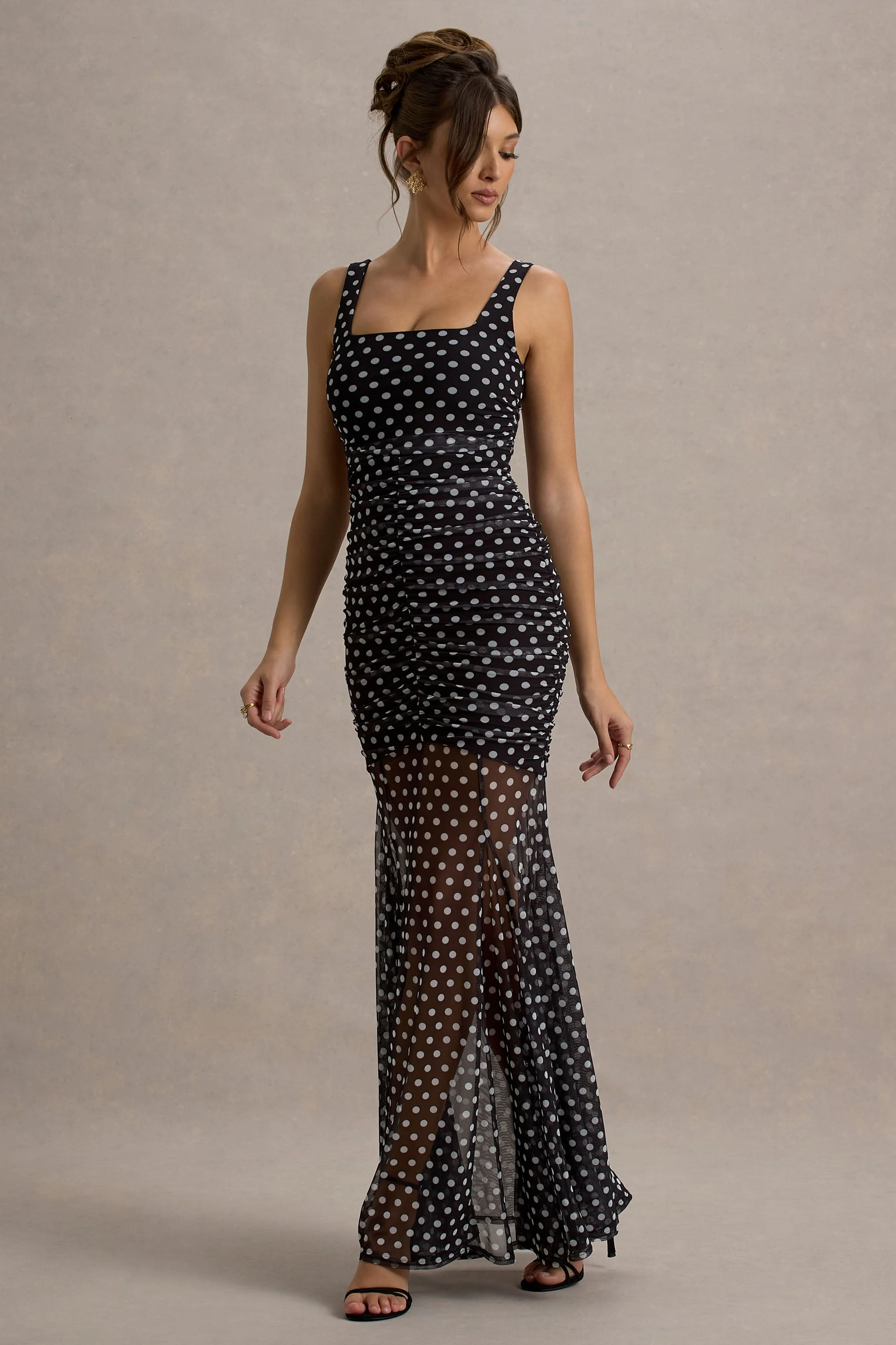 Galaxia | Robe Longue à pois noirs et blancs avec jupe en mesh - Image 5
