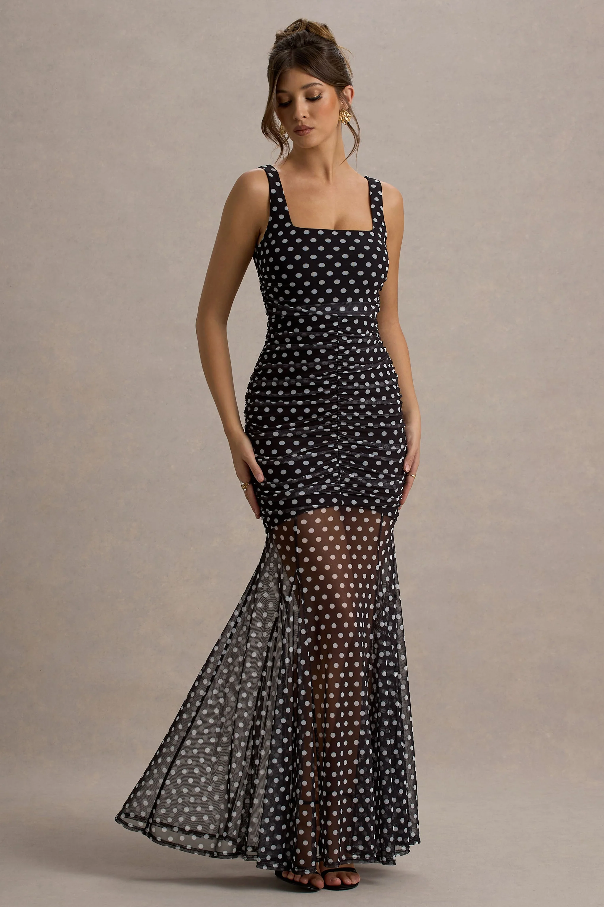 Galaxia | Robe Longue à pois noirs et blancs avec jupe en mesh - Image 6
