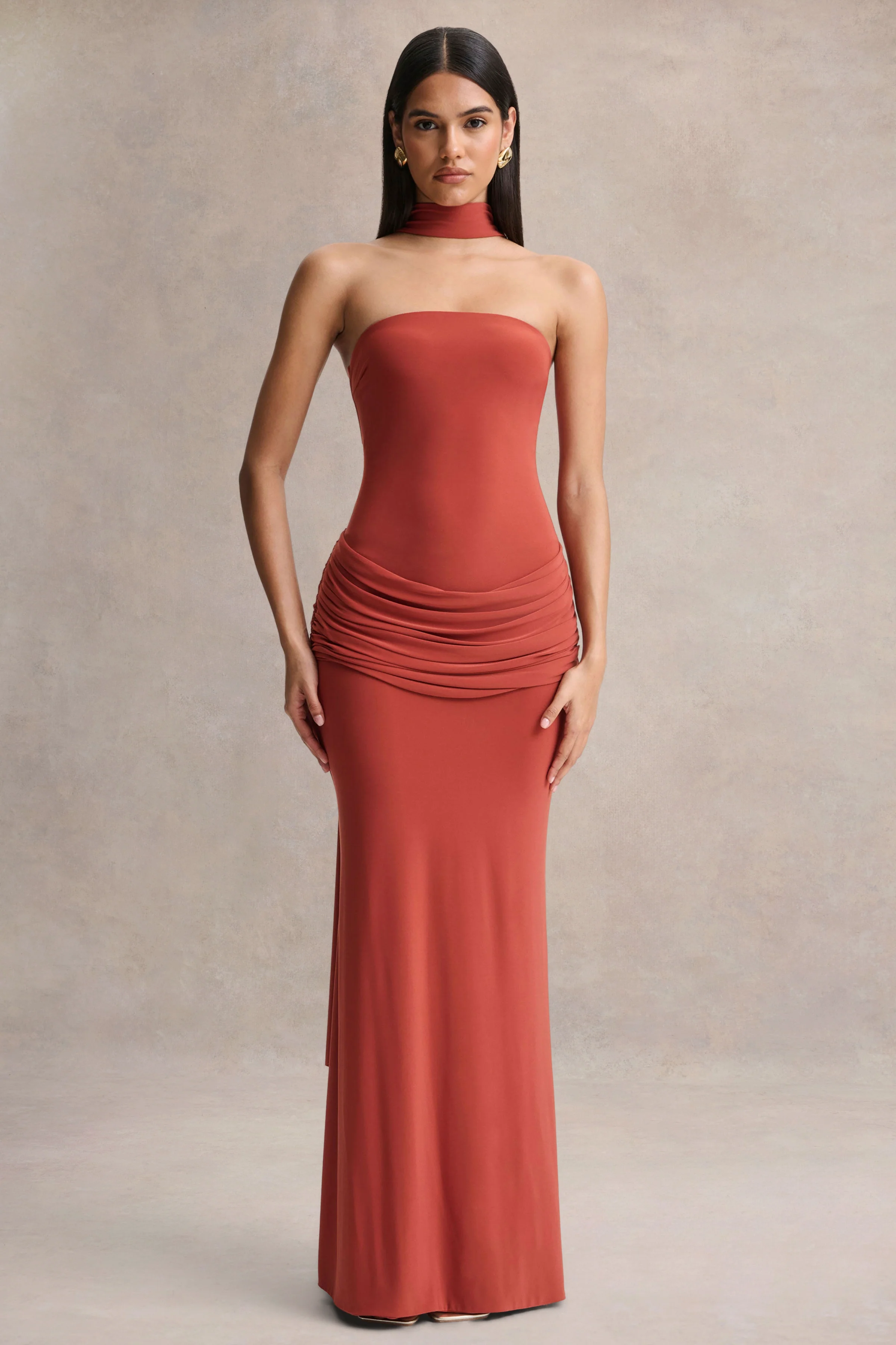 Graciella | Robe longue bandeau rouille avec drapé et foulard
