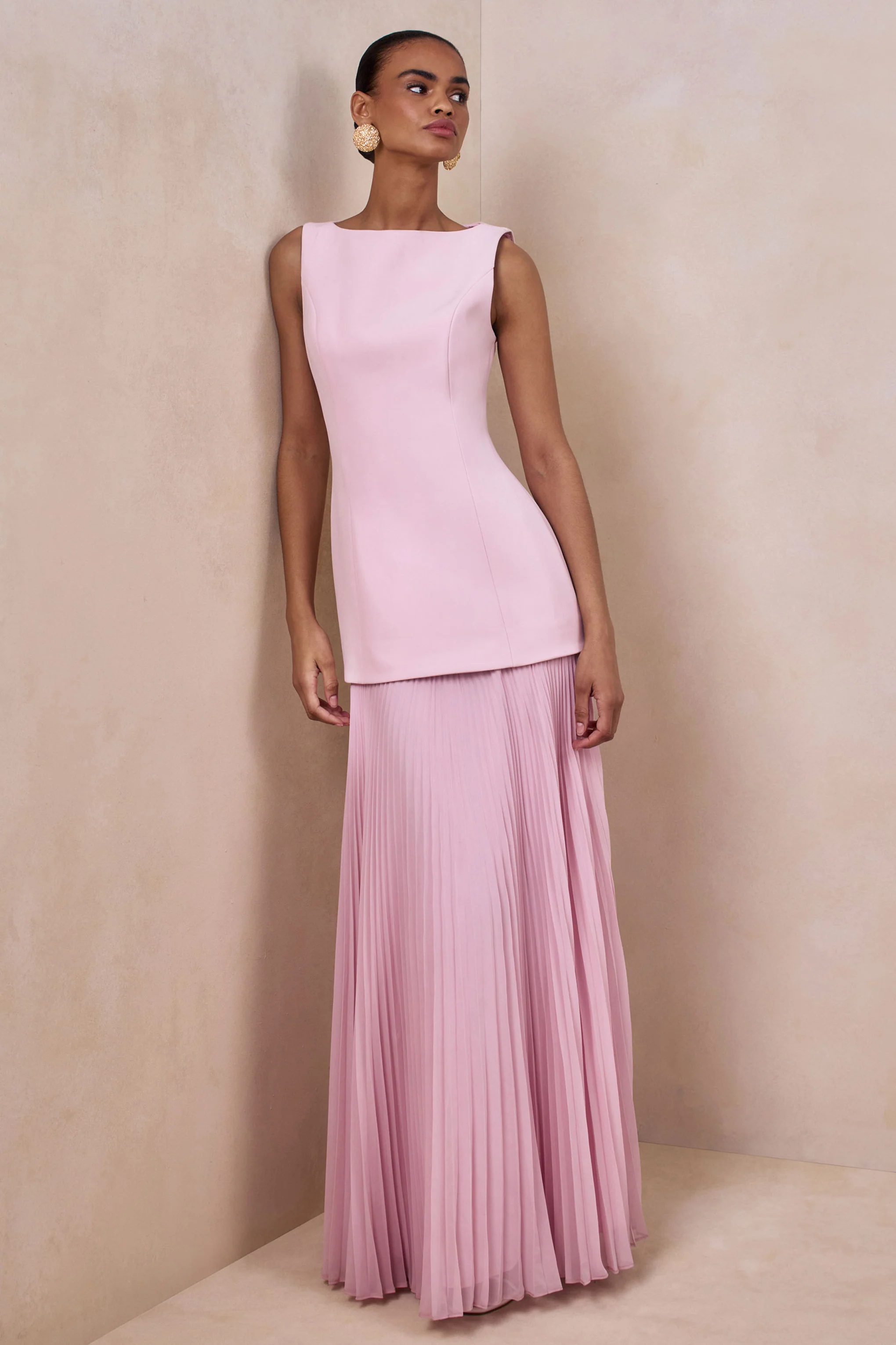 Hadley | Robe longue à encolure bateau rose clair avec taille basse