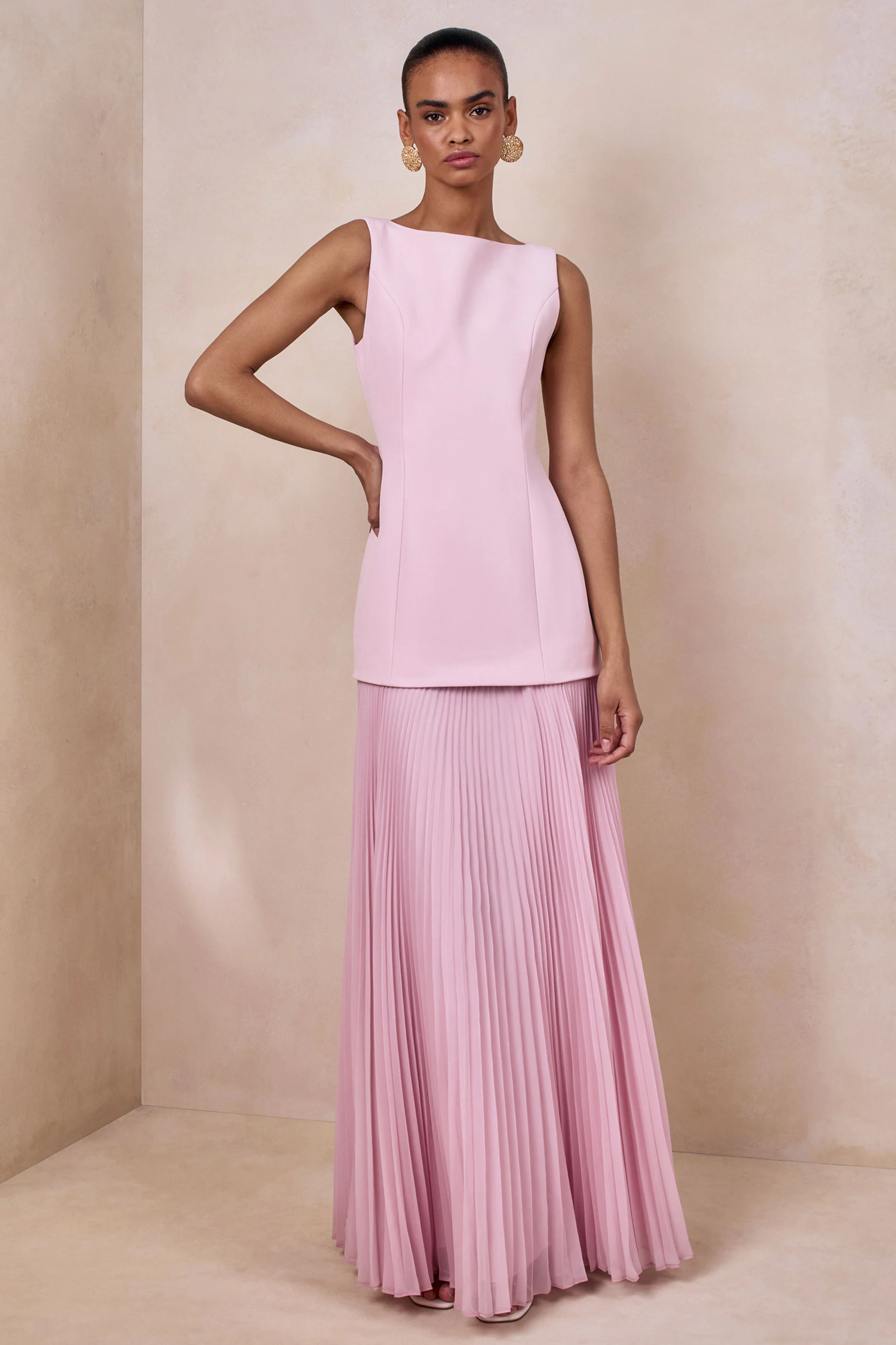 Hadley | Robe longue à encolure bateau rose clair avec taille basse - Image 4