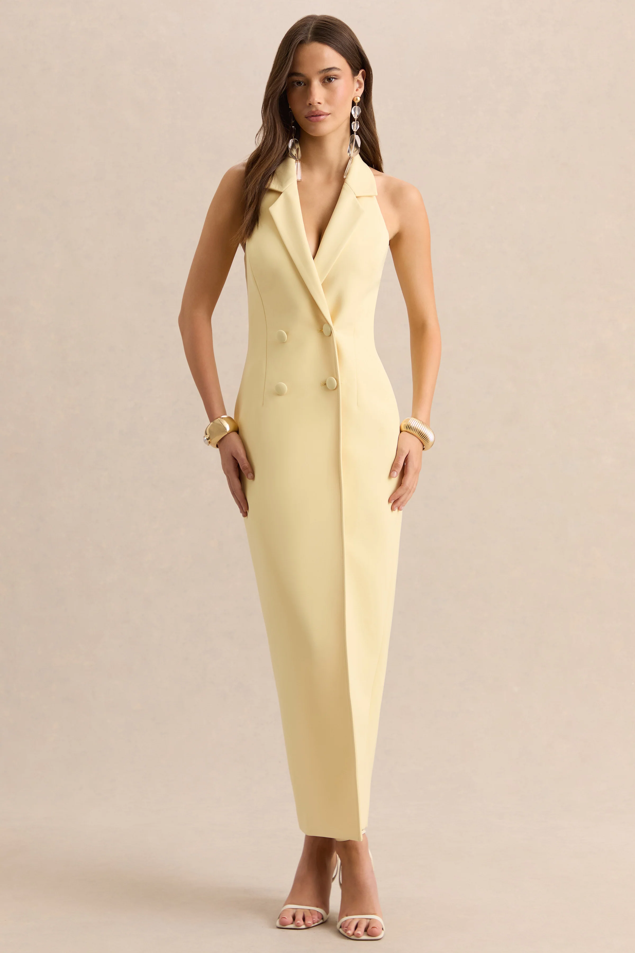 Hana | Robe longue citron ajustée à décolleté plongeant