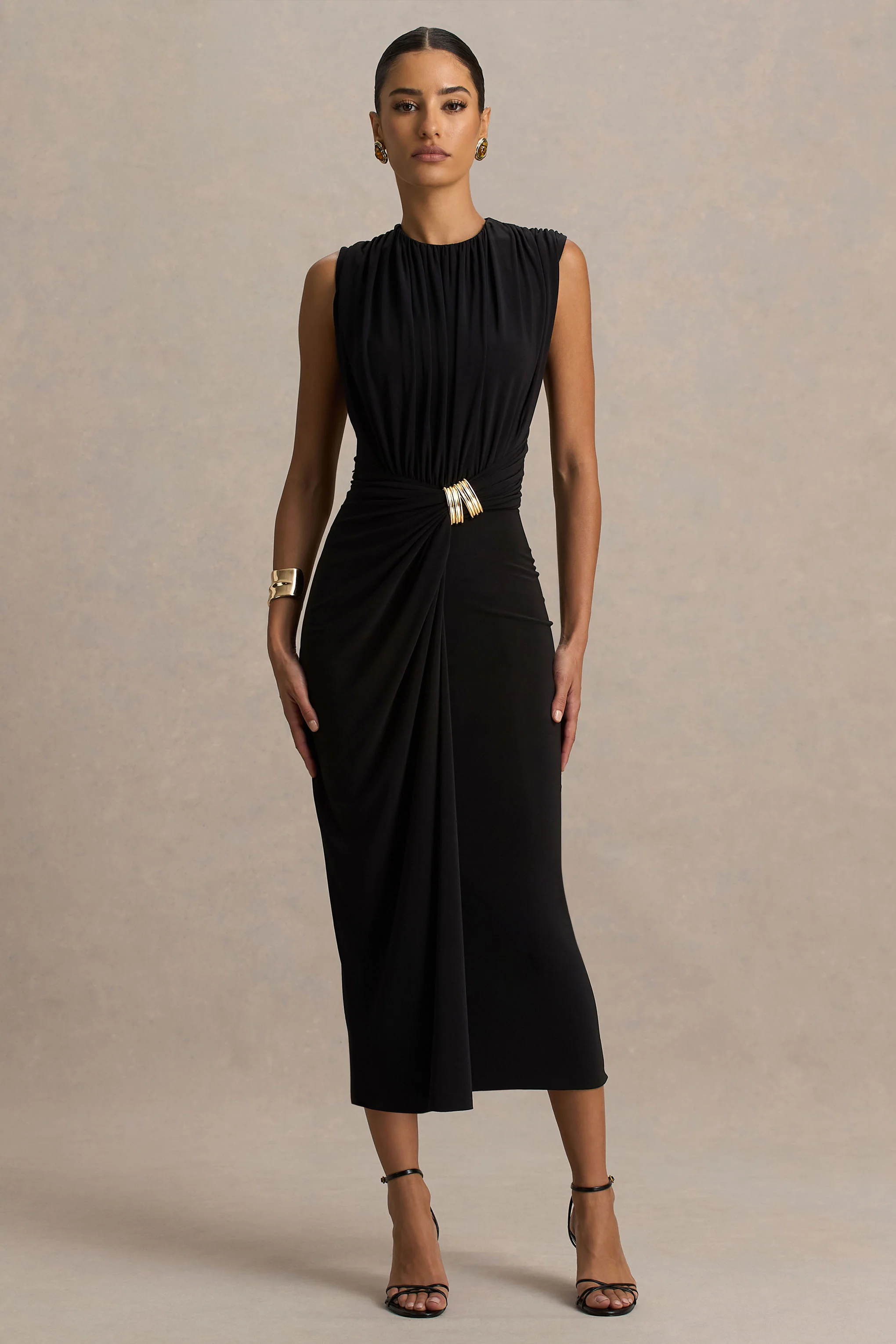 Harlow | Robe mi-longue noire à col montant et jupe portefeuille - Image 4