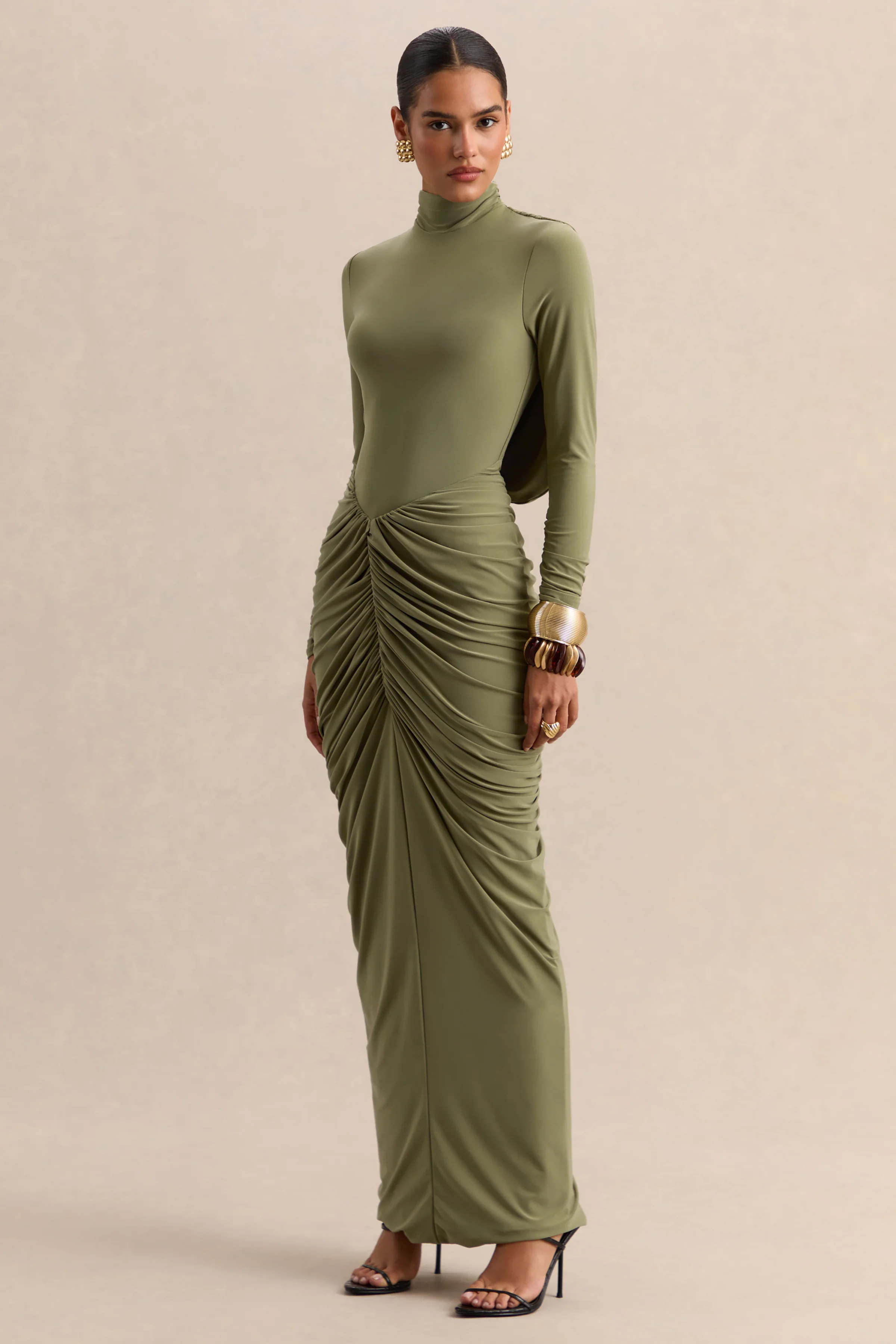 Harmona | Robe longue olive à encolure haute avec détails froncés et drapés - Image 5