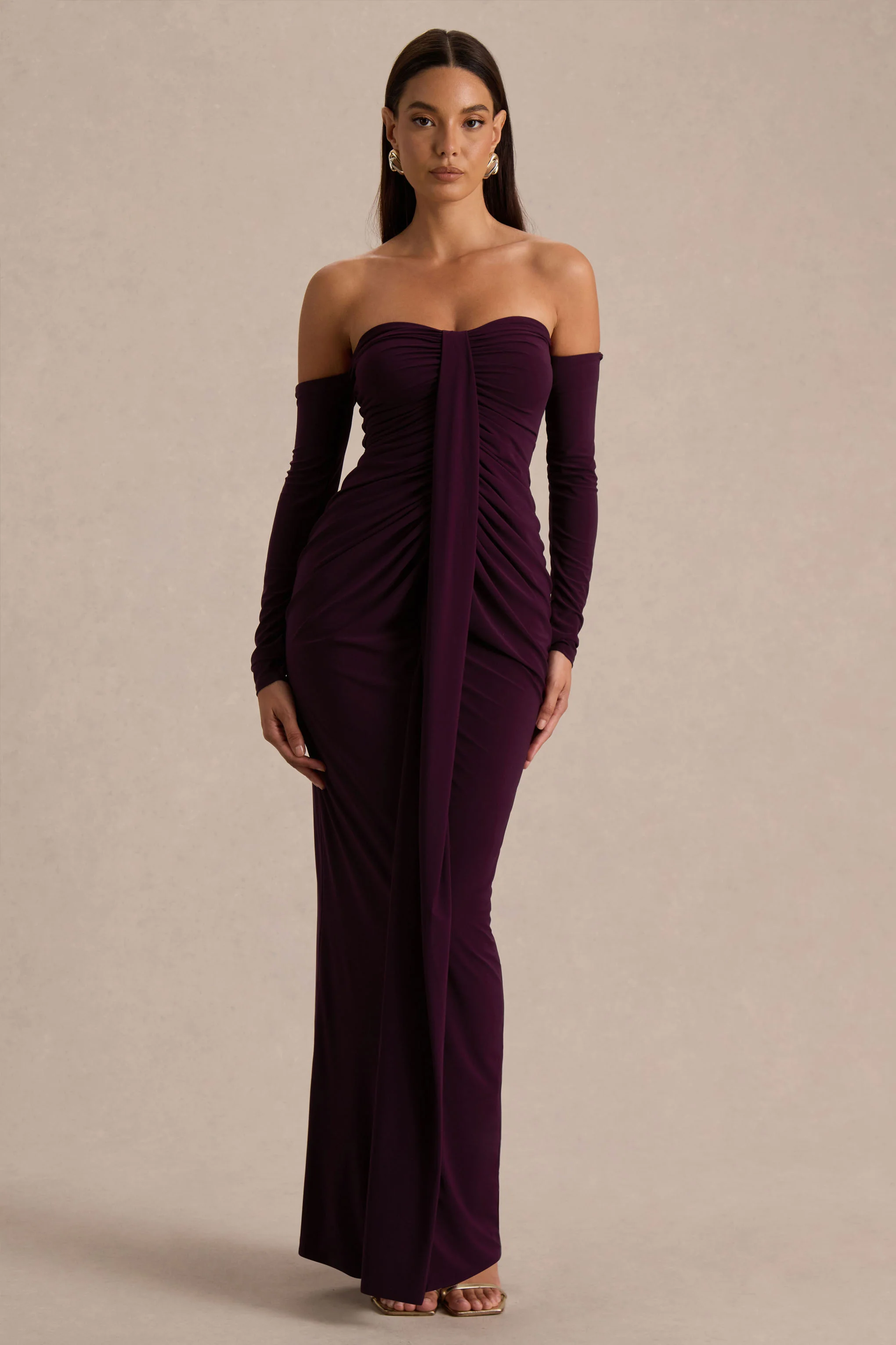 Harper | Robe longue prune à encolure bardot