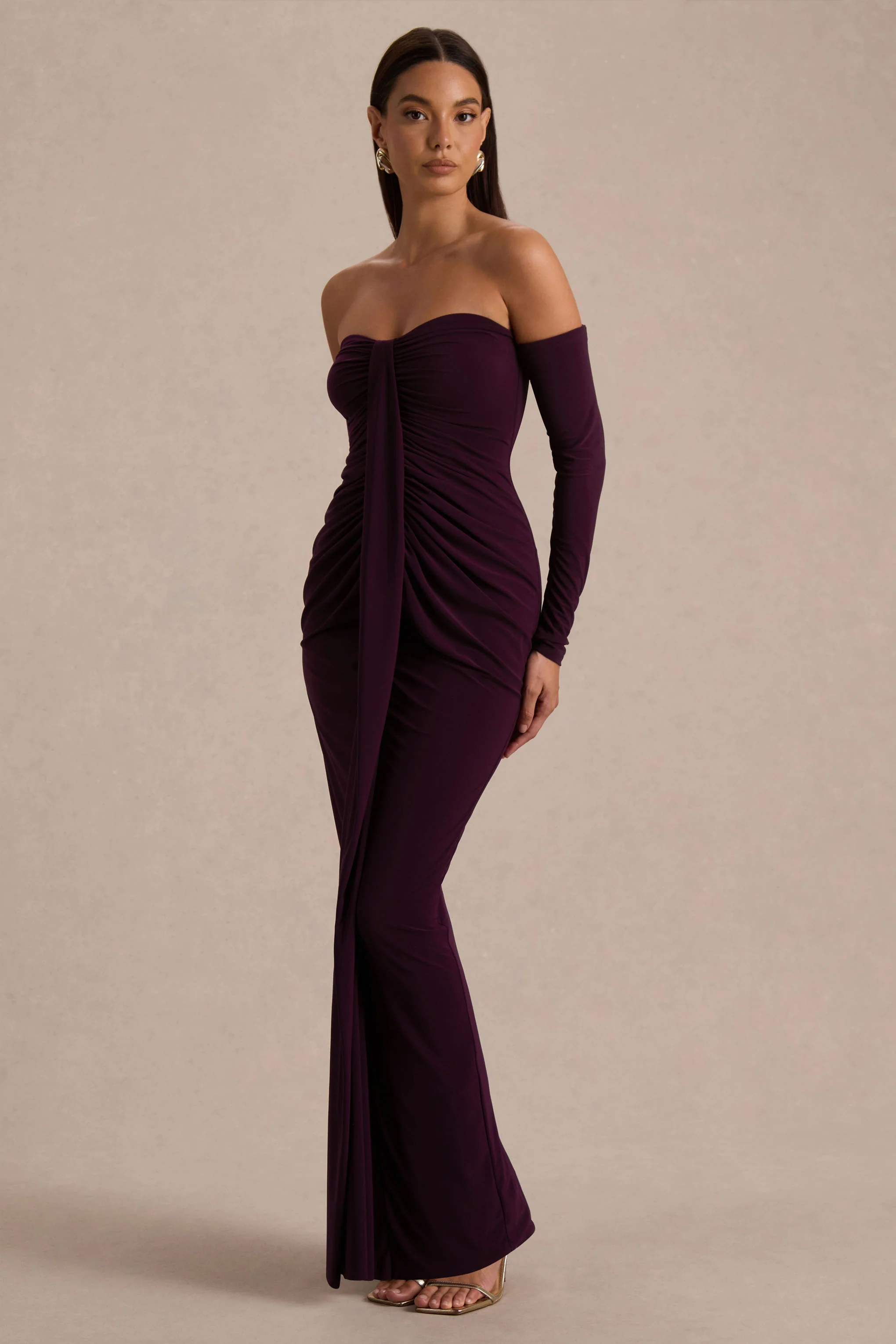 Harper | Robe longue prune à encolure bardot - Image 4