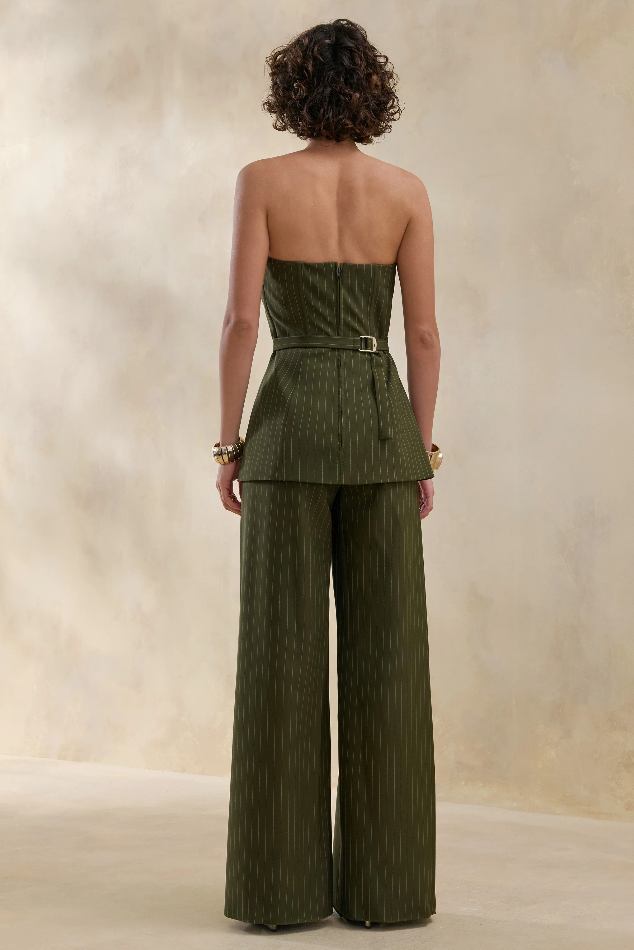 Hesper | Pantalon tailleur olive à fines rayures et jambe large - Image 2