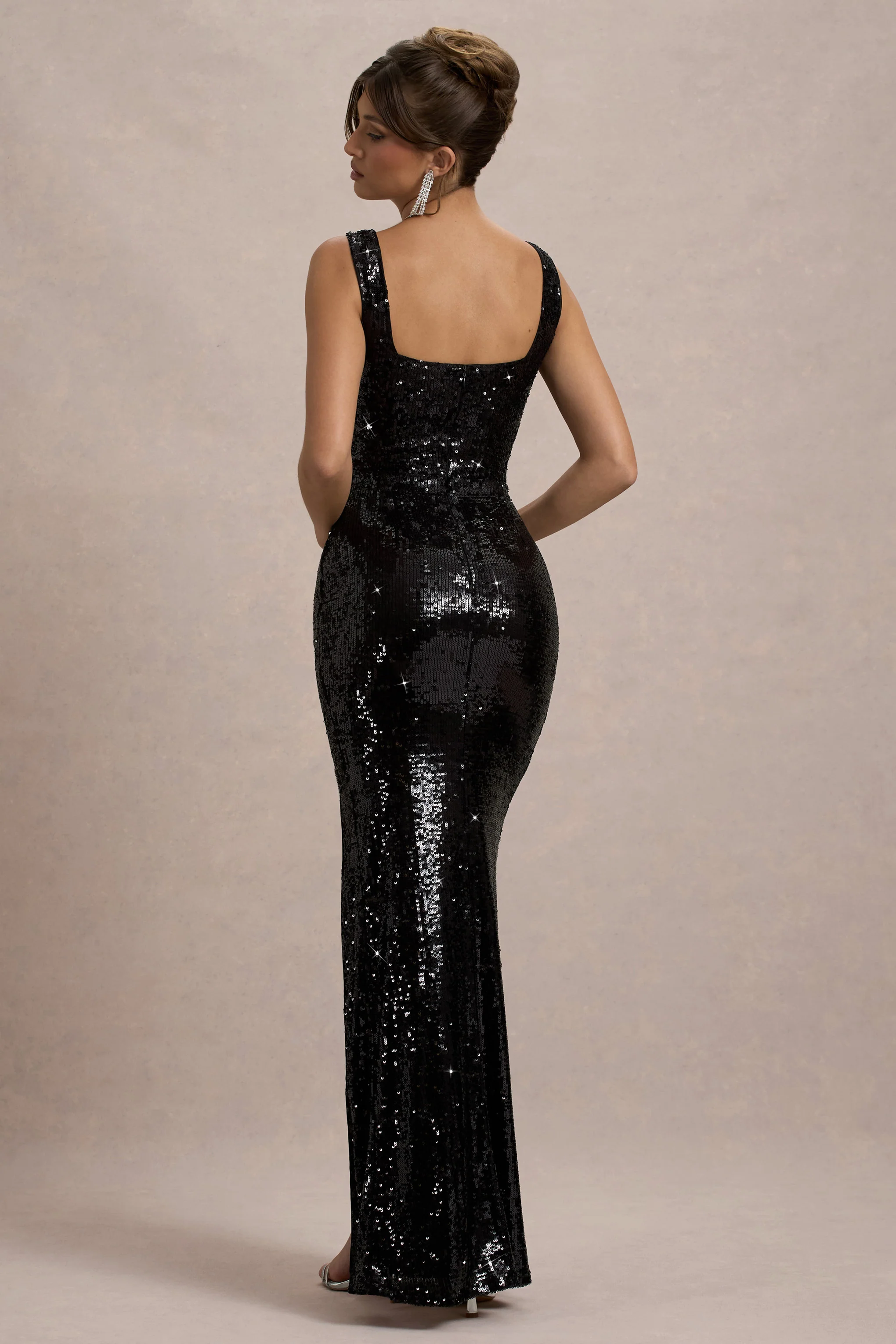 High Life | Robe longue noire a sequins et col carre fendue sur le devant - Image 2