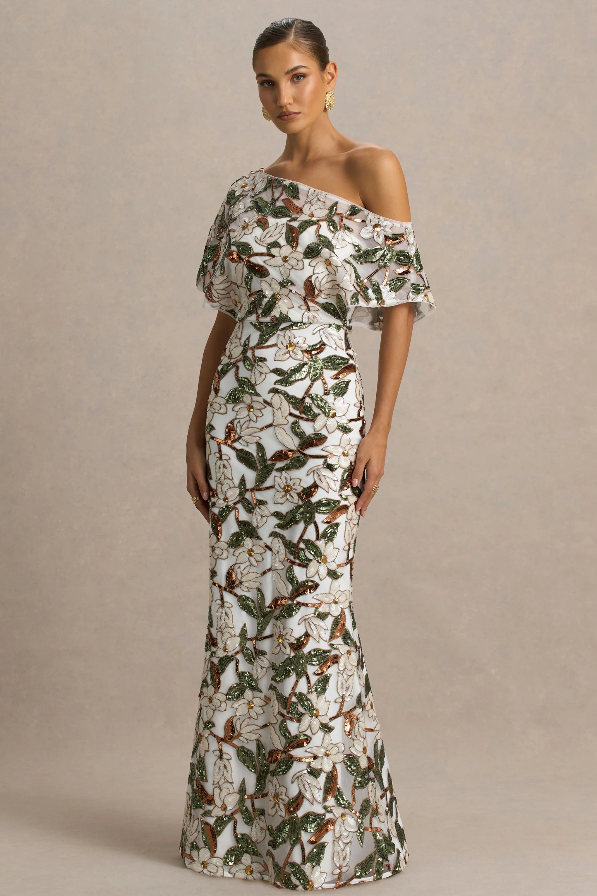 Iony | Robe longue blanche et verte asymétrique à encolure ornée de sequins en tulle et à motif floral
