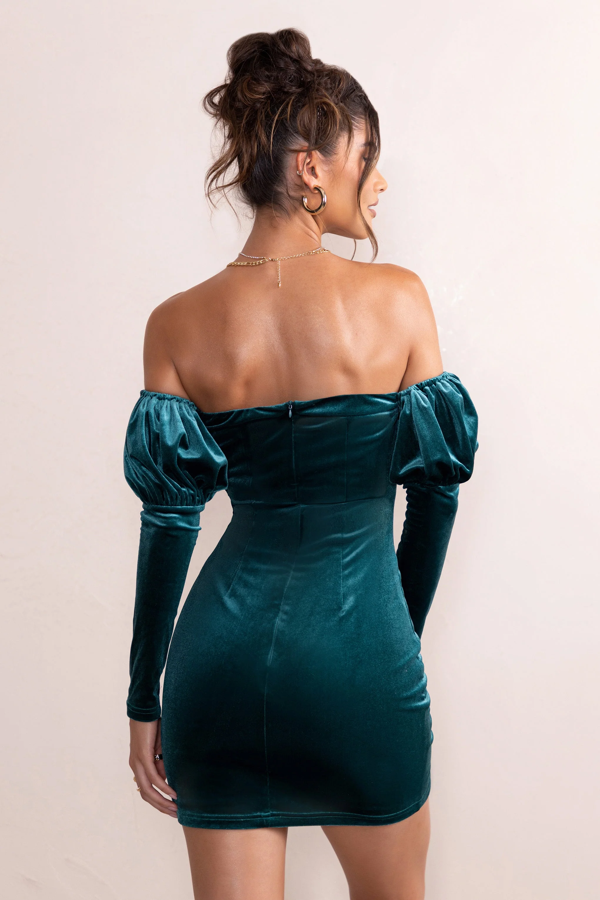 Ivy | Mini-robe en velours sarcelle avec manches bouffantes - Image 2