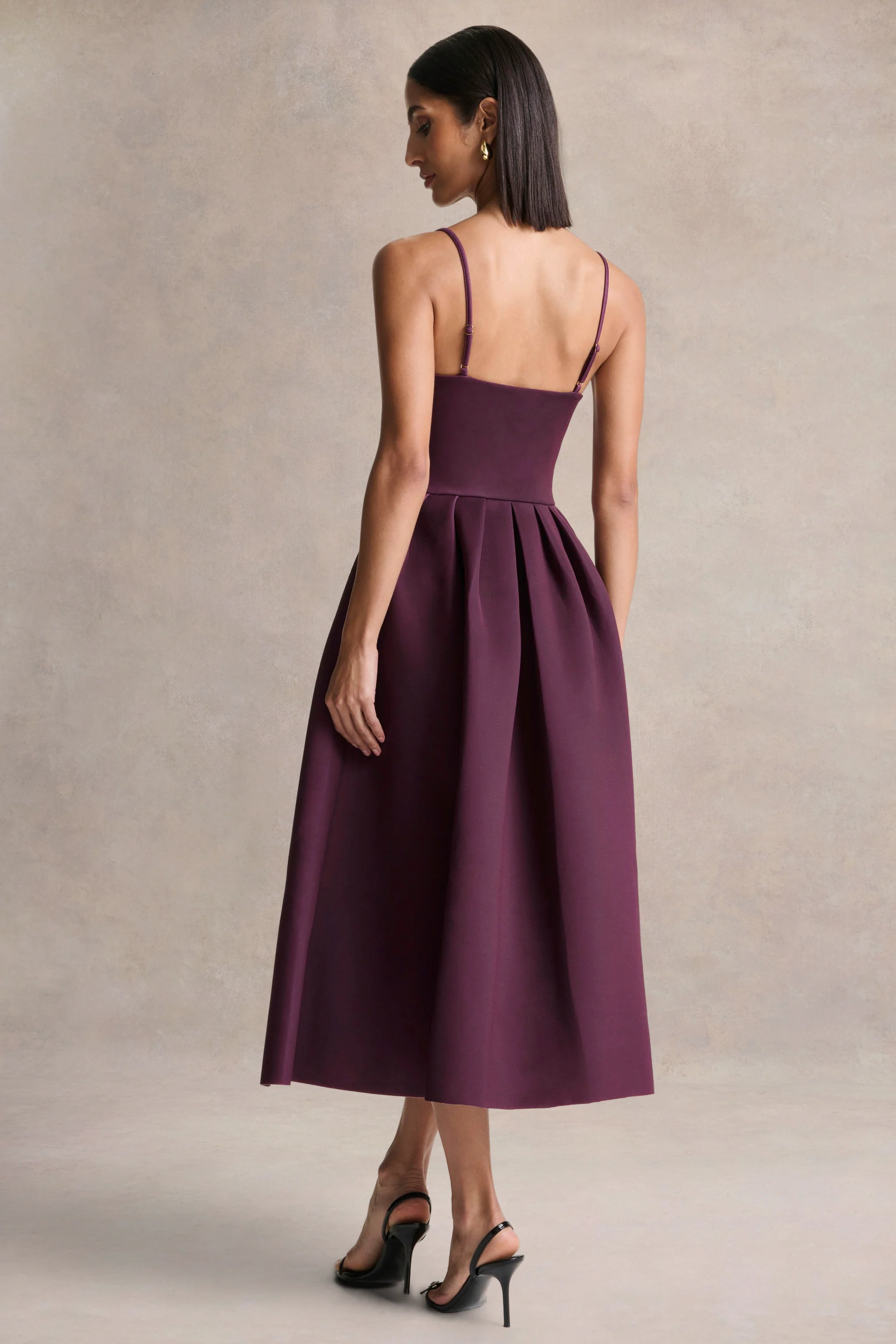 Jamila | Robe mi-longue prune à encolure arrondie - Image 2