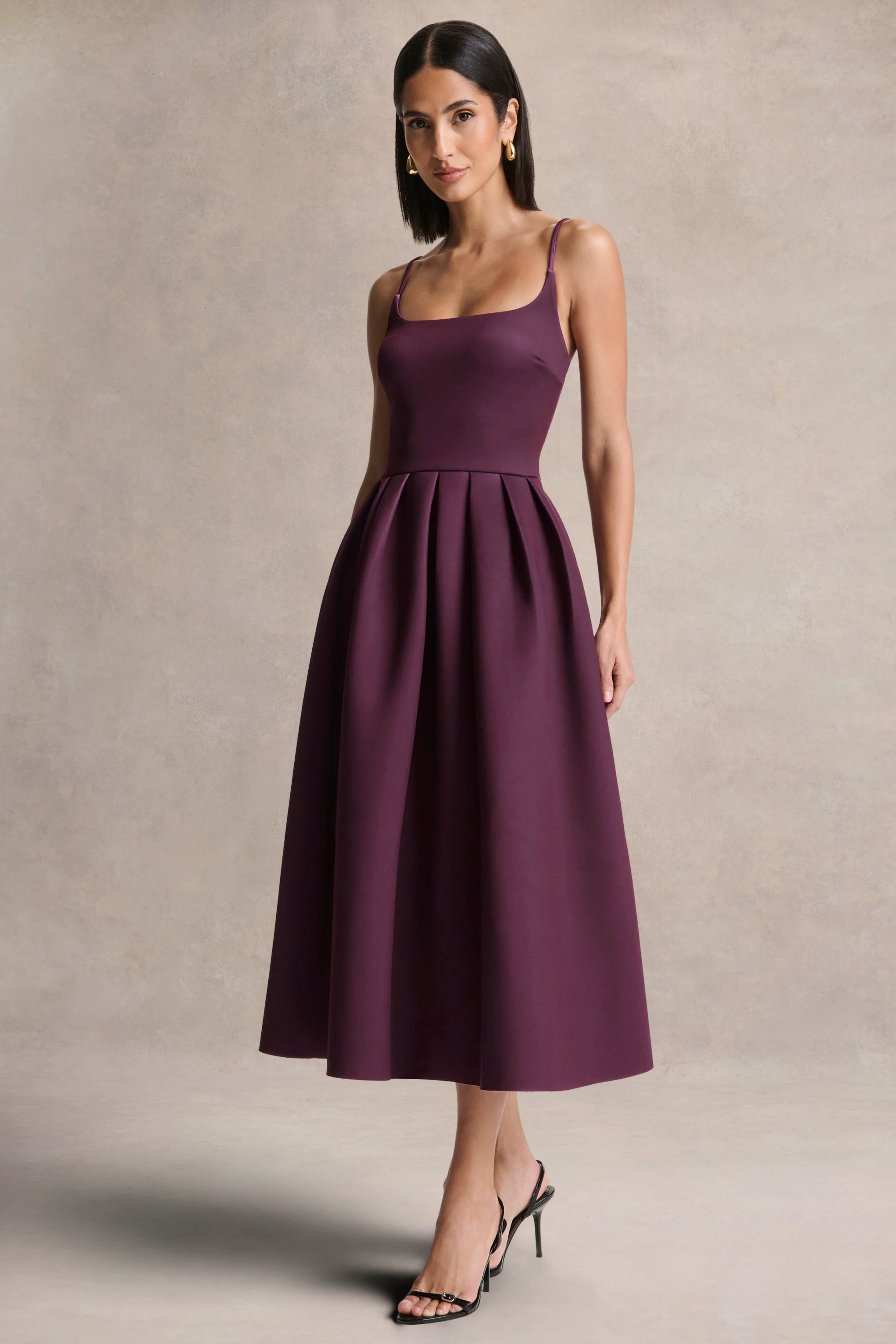 Jamila | Robe mi-longue prune à encolure arrondie - Image 4