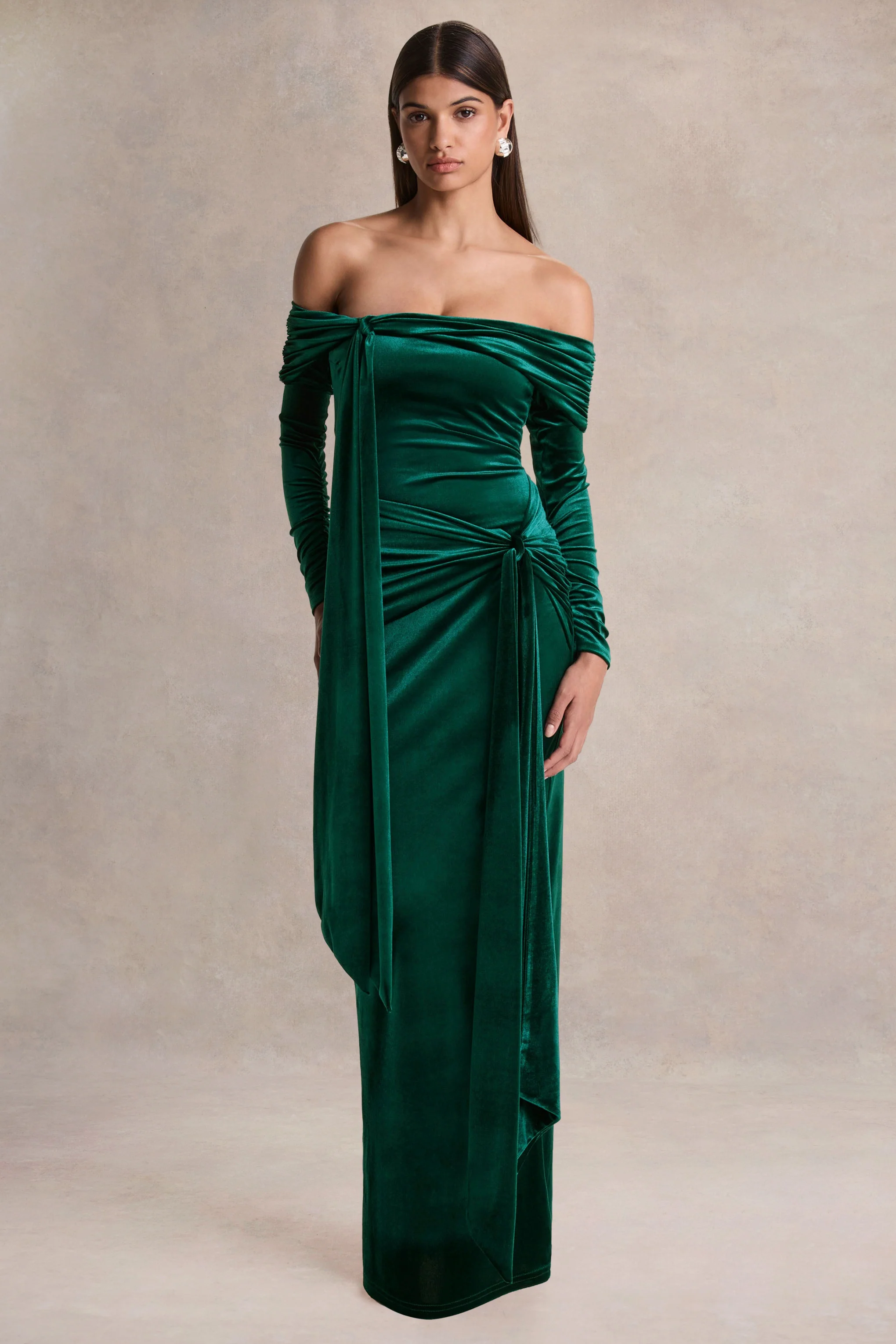 Jessara | Robe longue vert bouteille à encolure bardot avec détails noués