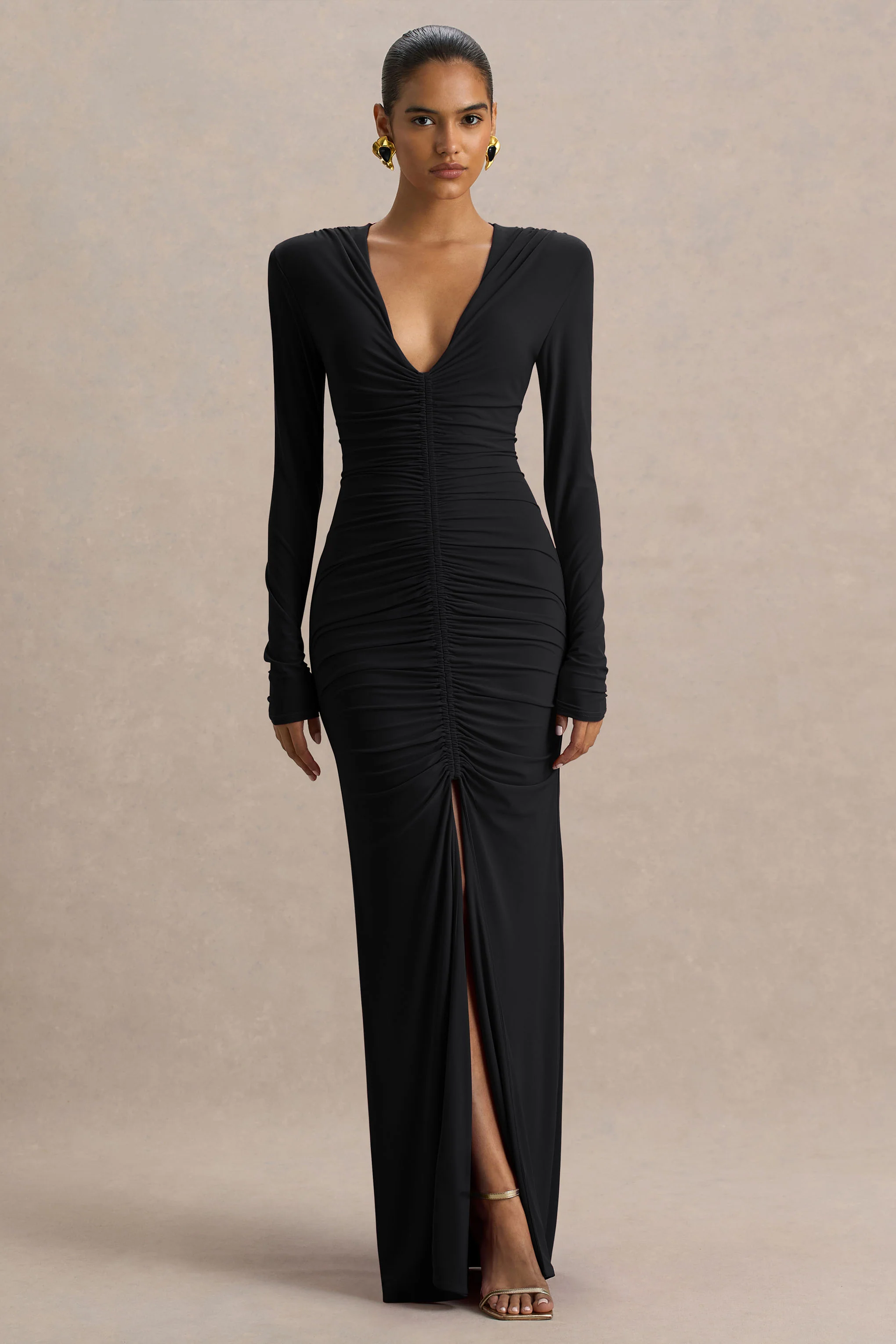 Jewel | Robe longue noire à décolleté plongeant avec fente frontale et détails froncés - Image 4